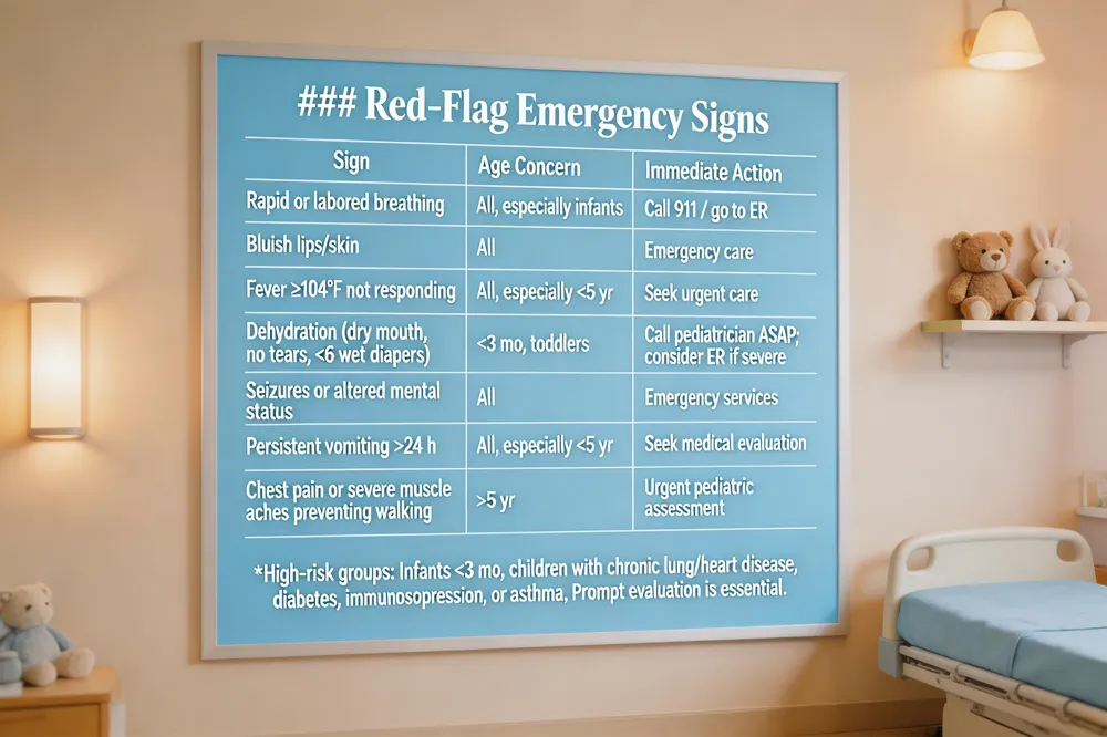 ### Red‑Flag Emergency Signs
| Sign | Age Concern | Immediate Action |
|---|---|---|
| Rapid or labored breathing | All, especially infants | Call 911 / go to ER |
| Bluish lips/skin | All | Emergency care |
| Fever ≥ 104 °F not responding to meds | All, especially <5 yr | Seek urgent care |
| Dehydration (dry mouth, no tears, <6 wet diapers) | <3 mo, toddlers | Call pediatrician ASAP; consider ER if severe |
| Seizures or altered mental status | All | Emergency services |
| Persistent vomiting >24 h | All, especially <5 yr | Seek medical evaluation |
| Chest pain or severe muscle aches preventing walking | >5 yr | Urgent pediatric assessment |
High‑risk groups: Infants <3 mo, children with chronic lung/heart disease, diabetes, immunosuppression, or asthma. Prompt evaluation is essential. 