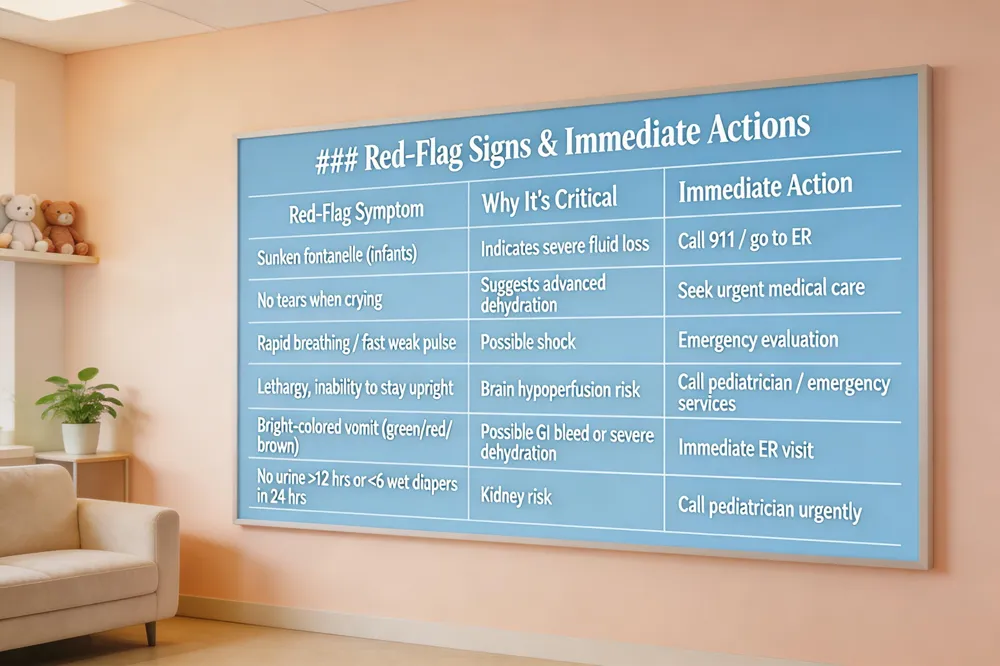 ### Red‑Flag Signs & Immediate Actions
| Red‑Flag Symptom | Why It’s Critical | Immediate Action |
|---|---|---|
| Sunken fontanelle (infants) | Indicates severe fluid loss | Call 911 / go to ER |
| No tears when crying | Suggests advanced dehydration | Seek urgent medical care |
| Rapid breathing / fast weak pulse | Possible shock | Emergency evaluation |
| Lethargy, inability to stay upright | Brain hypoperfusion risk | Call pediatrician / emergency services |
| Bright‑colored vomit (green/red/brown) | Possible GI bleed or severe dehydration | Immediate ER visit |
| No urine > 12 hrs or < 6 wet diapers in 24 hrs | Kidney risk | Call pediatrician urgently |
| 