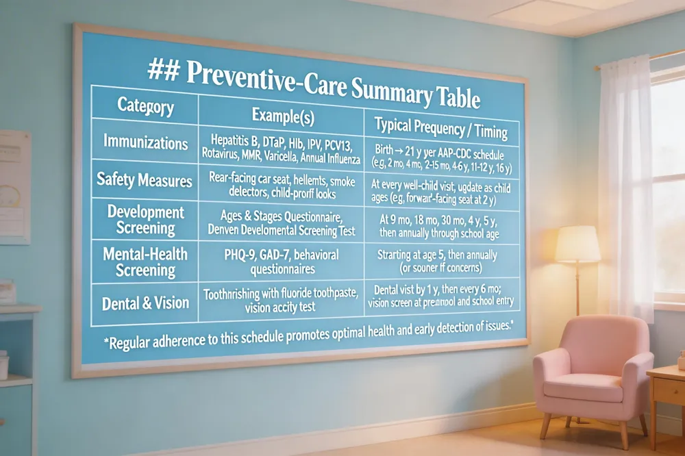 ### Preventive‑Care Summary Table
| Category | Example(s) | Typical Frequency / Timing |
|---|---|---|
| Immunizations | Hepatitis B, DTaP, Hib, IPV, PCV13, Rotavirus, MMR, Varicella, Annual Influenza | Birth → 21 y per AAP‑CDC schedule (e.g., 2 mo, 4 mo, 6 mo, 12‑15 mo, 4‑6 y, 11‑12 y, 16 y) |
| Safety Measures | Rear‑facing car seat, helmets, smoke detectors, child‑proof locks | At every well‑child visit; update as child ages (e.g., forward‑facing seat at 2 y) |
| Developmental Screening | Ages & Stages Questionnaire, Denver Developmental Screening Test | At 9 mo, 18 mo, 30 mo, 4 y, 5 y, then annually through school age |
| Mental‑Health Screening | PHQ‑9, GAD‑7, behavioral questionnaires | Starting at age 5, then annually (or sooner if concerns) |
| Dental & Vision | Toothbrushing with fluoride toothpaste, vision acuity test | Dental visit by 1 y, then every 6 mo; vision screen at preschool and school entry |
Regular adherence to this schedule promotes optimal health and early detection of issues.