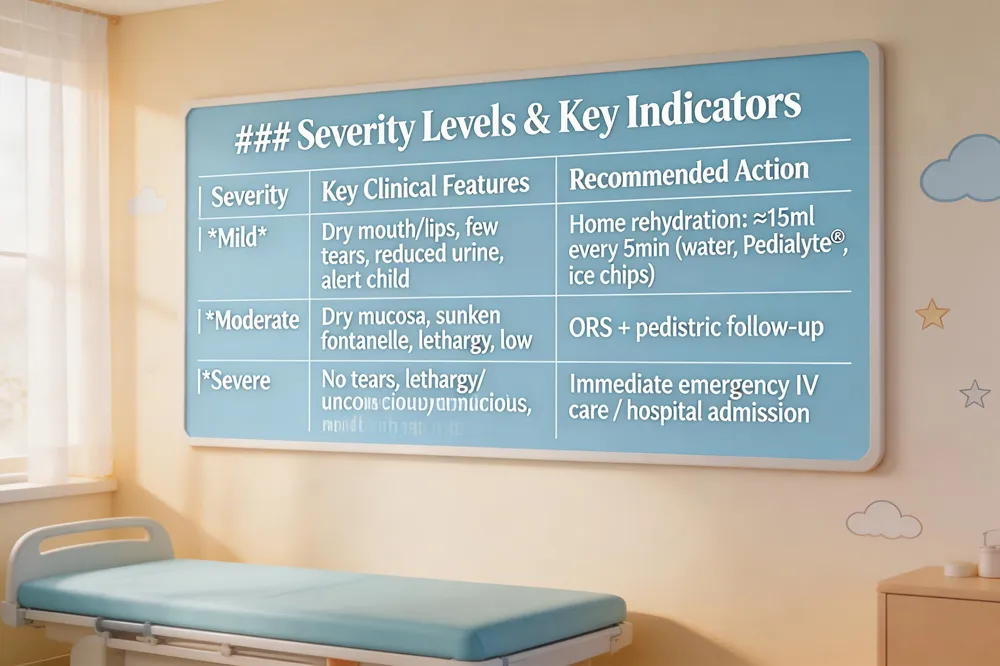 ### Severity Levels & Key Indicators
| Severity | Key Clinical Features | Recommended Action |
|---|---|---|
| Mild | Dry mouth/lips, few tears, reduced urine output, slight irritability; child stays alert | Home rehydration with water, Pedialyte®, ice chips, clear broth (≈ 15 ml every 5 min) |
| Moderate | Markedly dry mucosa, sunken fontanelle (infants), lethargy, poor skin turgor, pronounced reduced urine | Structured oral rehydration solution (ORS) + pediatric follow‑up |
| Severe | No tears, extreme lethargy/unconsciousness, rapid breathing, very sunken fontanelle, shock signs, seizures | Immediate emergency care – IV fluids, hospital admission |
| 