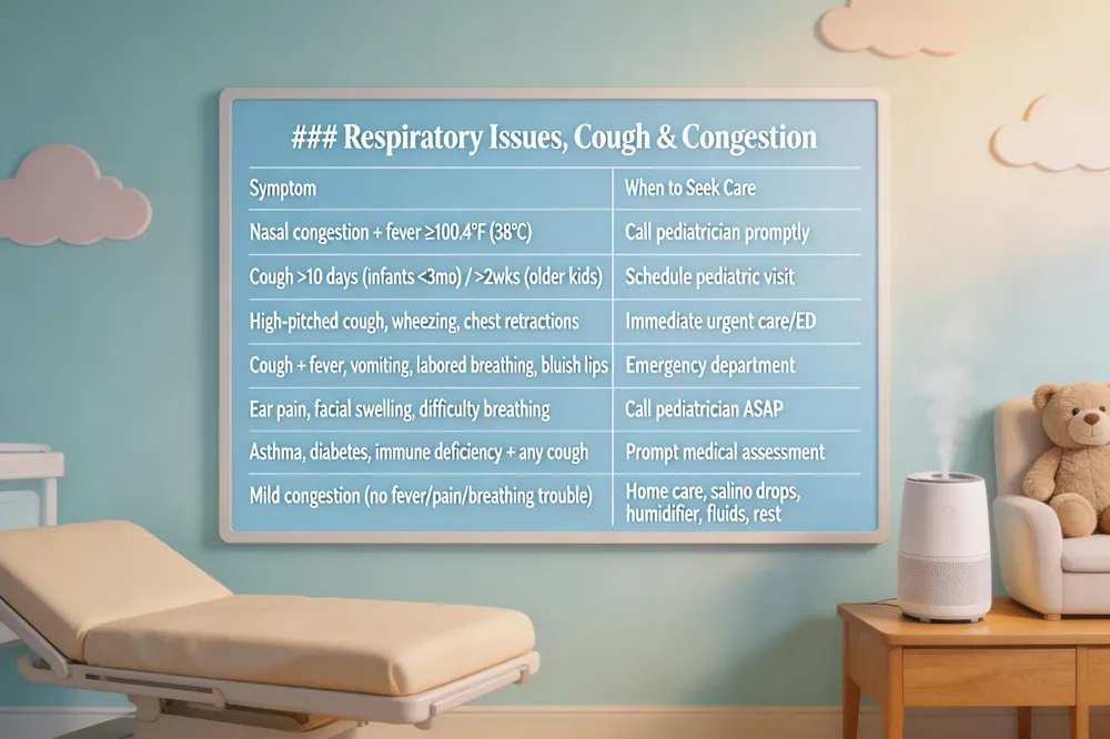 ### Respiratory Issues, Cough & Congestion
| Symptom | When to Seek Care |
|---|---|
| Nasal congestion + fever ≥ 100.4 °F (38 °C) | Call pediatrician promptly |
| Cough lasting > 10 days (infants < 3 months) or > 2 weeks (older children) | Schedule a pediatric visit |
| High‑pitched or worsening cough, wheezing, chest retractions | Immediate evaluation (urgent care or ED) |
| Cough with fever, vomiting, labored breathing, bluish lips | Emergency department |
| Ear pain, facial swelling, difficulty breathing | Call pediatrician ASAP |
| Asthma, diabetes, immune deficiency + any cough | Prompt medical assessment |
| Mild congestion without fever, pain, or breathing trouble | Home care (saline drops, humidifier, fluids, rest) – monitor for changes |
| 