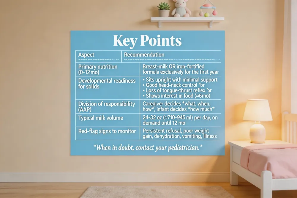 Key Points
| Aspect | Recommendation |
|---|---|
| Primary nutrition (0‑12 mo) | Breast‑milk OR iron‑fortified formula exclusively for the first year. |
| Developmental readiness for solids | • Sits upright with minimal support <br>• Good head‑neck control <br>• Loss of tongue‑thrust reflex <br>• Shows interest in food (usually ~6 mo). |
| Division of responsibility (AAP) | Caregiver decides what, when, how; infant decides how much. |
| Typical milk volume | 24‑32 oz (≈710‑945 ml) per day, on demand, until 12 mo. |
| Red‑flag signs to monitor | Persistent refusal, poor weight gain, dehydration, vomiting, or illness. |
When in doubt, contact your pediatrician.