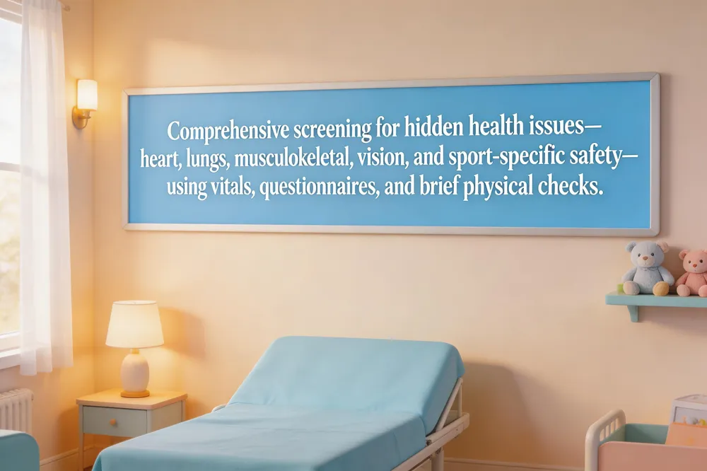 Comprehensive screening for hidden health issues—heart, lungs, musculoskeletal, vision, and sport‑specific safety—using vitals, questionnaires, and brief physical checks.