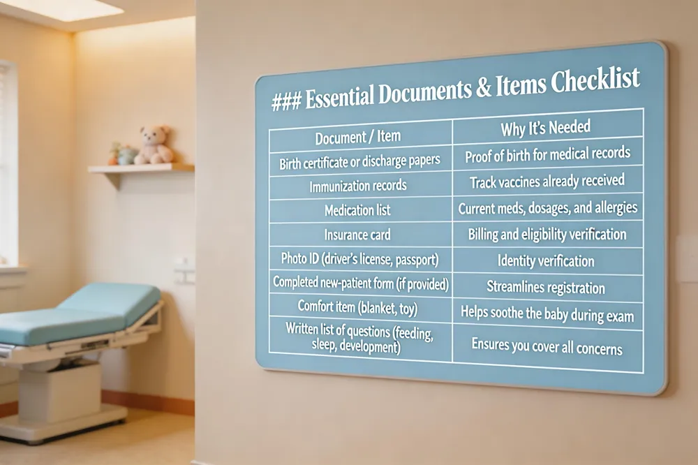 ### Essential Documents & Items Checklist
| Document / Item | Why It’s Needed |
|---|---|
| Birth certificate or discharge papers | Proof of birth for medical records |
| Immunization records | Track vaccines already received |
| Medication list | Current meds, dosages, and allergies |
| Insurance card | Billing and eligibility verification |
| Photo ID (driver’s license, passport) | Identity verification |
| Completed new‑patient form (if provided) | Streamlines registration |
| Comfort item (blanket, toy) | Helps soothe the baby during exam |
| Written list of questions (feeding, sleep, development, vaccines) | Ensures you cover all concerns |
| 