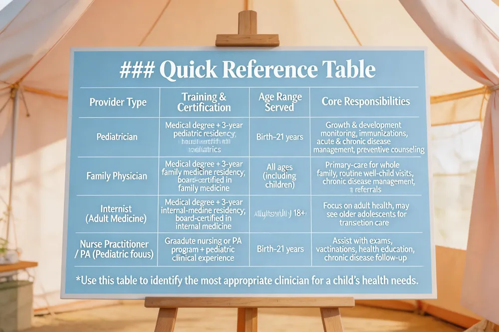 ### Quick Reference Table
| Provider Type | Training & Certification | Age Range Served | Core Responsibilities |
|---|---|---|---|
| Pediatrician | Medical degree + 3‑year pediatric residency; board‑certified in pediatrics | Birth‑21 years | Growth & development monitoring, immunizations, acute & chronic disease management, preventive counseling |
| Family Physician | Medical degree + 3‑year family medicine residency; board‑certified in family medicine | All ages (including children) | Primary‑care for whole family, routine well‑child visits, chronic disease management, referrals |
| Internist (Adult Medicine) | Medical degree + 3‑year internal‑medicine residency; board‑certified in internal medicine | Adults (typically 18+) | Focus on adult health; may see older adolescents for transition care |
| Nurse Practitioner / Physician Assistant (Pediatric focus) | Graduate nursing or PA program + pediatric clinical experience | Birth‑21 years | Assist with exams, vaccinations, health education, chronic disease follow‑up |
Use this table to identify the most appropriate clinician for a child’s health needs.