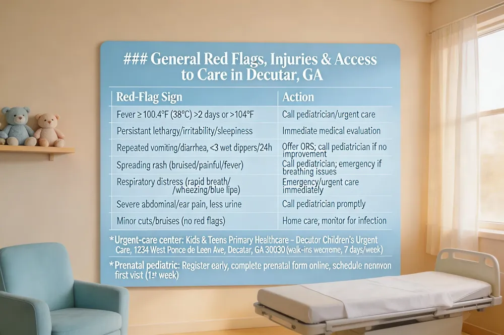 ### General Red Flags, Injuries & Access to Care in Decatur, GA
| Red‑Flag Sign | Action |
|---|---|
| Fever ≥ 100.4 °F (38 °C) persisting > 2 days or spikes > 104 °F | Call pediatrician or urgent care |
| Persistent lethargy, extreme irritability, unusual sleepiness | Immediate medical evaluation |
| Repeated vomiting, watery diarrhea, < 3 wet diapers/24 h | Offer ORS; if no improvement, call pediatrician |
| New rash that spreads quickly, bruised/purpuric, painful, or with fever | Call pediatrician; consider emergency if associated with breathing difficulty |
| Respiratory distress (rapid breathing, wheezing, grunting, bluish lips) | Emergency department or urgent care immediately |
| Severe abdominal pain, ear pain, sudden decrease in urine output | Call pediatrician promptly |
| Minor injuries (cuts, bruises) without concerning signs | Home care; monitor for infection signs |
| Urgent‑care center: Kids & Teens Primary Healthcare – Decatur Children’s Urgent Care, 1234 West Ponce de Leon Ave, Decatur, GA 30030 (walk‑ins welcome, 7 days/week) | |
| Prenatal pediatric: Register early, complete prenatal form on practice website, schedule newborn’s first visit (often within first week) | |
| 