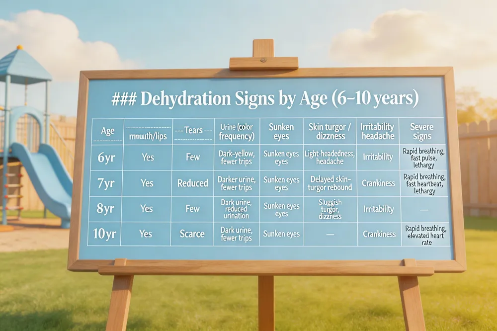 ### Dehydration Signs by Age (6‑10 years)
| Age | Dry mouth/lips | Tears | Urine (color / frequency) | Sunken eyes | Skin turgor / dizziness | Irritability / headache | Severe signs |
|---|---|---|---|---|---|---|---|
| 6 yr | Yes | Few | Dark‑yellow, fewer trips | Sunken eyes | Light‑headedness, headache | Irritability | Rapid breathing, fast pulse, lethargy |
| 7 yr | Yes | Reduced | Darker urine, fewer trips | Sunken eyes | Delayed skin‑turgor rebound | Crankiness | Rapid breathing, fast heartbeat, lethargy |
| 8 yr | Yes | Few | Dark urine, reduced urination | Sunken eyes | Sluggish turgor, dizziness | Irritability | — |
| 10 yr | Yes | Scarce | Dark urine, fewer trips | Sunken eyes | — | Crankiness | Rapid breathing, elevated heart rate |
| 