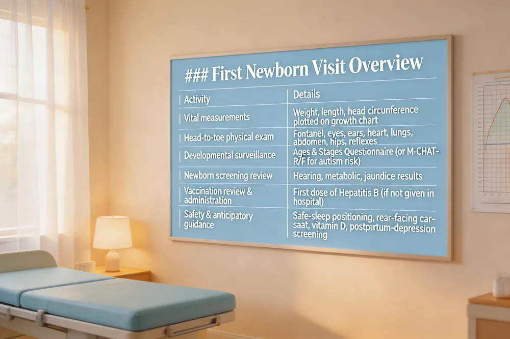 ### First Newborn Visit Overview
| Activity | Details |
|---|---|
| Vital measurements | Weight, length, head circumference plotted on growth chart |
| Head‑to‑toe physical exam | Fontanel, eyes, ears, heart, lungs, abdomen, hips, reflexes |
| Developmental surveillance | Ages & Stages Questionnaire (or M‑CHAT‑R/F for autism risk) |
| Newborn screening review | Hearing, metabolic, jaundice results |
| Vaccination review & administration | First dose of Hepatitis B (if not given in hospital) |
| Safety & anticipatory guidance | Safe‑sleep positioning, rear‑facing car‑seat, vitamin D, postpartum‑depression screening |
| 
