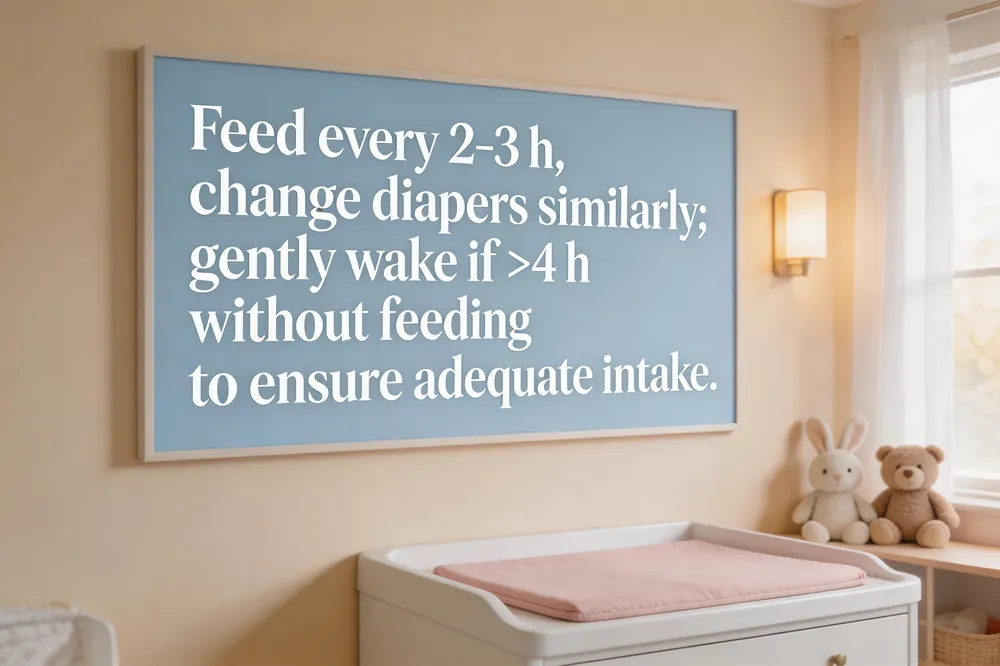 Feed every 2‑3 h, change diapers similarly; gently wake if >4 h without feeding to ensure adequate intake.