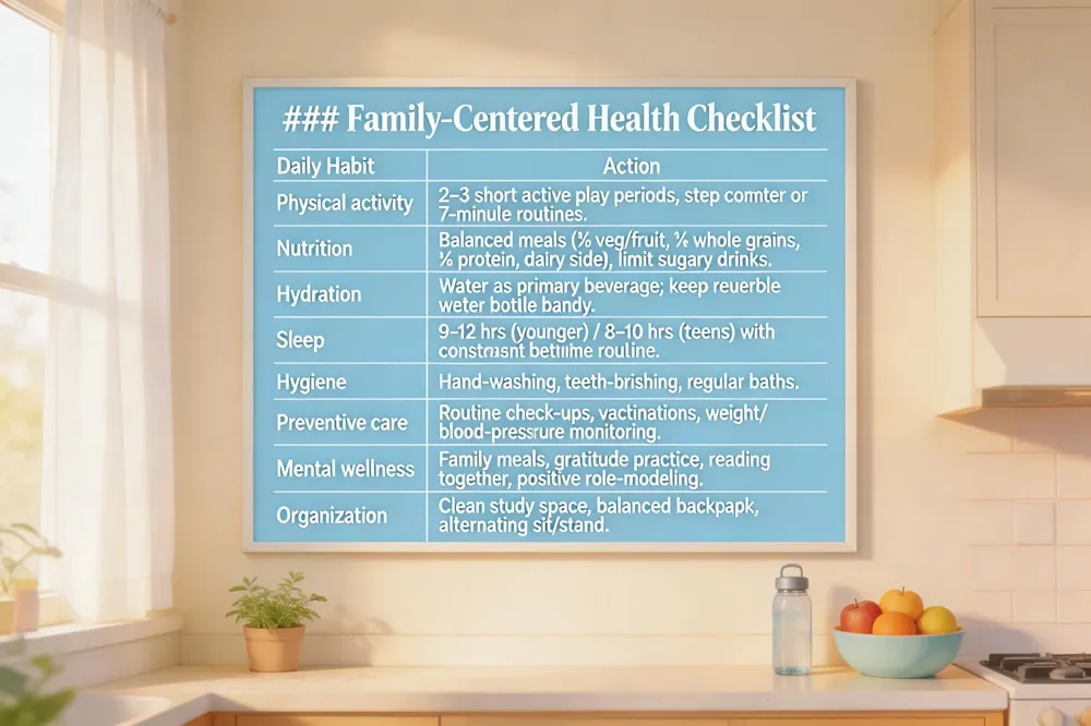 ### Family‑Centered Health Checklist
| Daily Habit | Action |
|---|---|
| Physical activity | 2–3 short active play periods; step counter or 7‑minute routines. |
| Nutrition | Balanced meals (½ veg/fruit, ¼ whole grains, ¼ protein, dairy side); limit sugary drinks. |
| Hydration | Water as primary beverage; keep reusable water bottle handy. |
| Sleep | 9–12 hrs (younger) / 8–10 hrs (teens) with consistent bedtime routine. |
| Hygiene | Hand‑washing, teeth‑brushing, regular baths. |
| Preventive care | Routine check‑ups, vaccinations, weight/blood‑pressure monitoring. |
| Mental wellness | Family meals, gratitude practice, reading together, positive role‑modeling. |
| Organization | Clean study space, balanced backpack, alternating sit/stand. |
| 