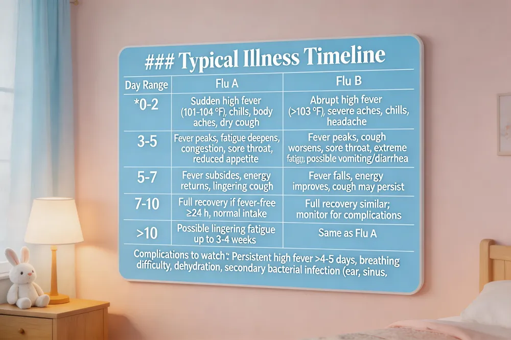 ### Typical Illness Timeline
| Day Range | Flu A | Flu B |
|---|---|---|
| 0‑2 | Sudden high fever (101‑104 °F), chills, body aches, dry cough | Abrupt high fever (>103 °F), severe aches, chills, headache |
| 3‑5 | Fever peaks, fatigue deepens, congestion, sore throat, reduced appetite | Fever peaks, cough worsens, sore throat, extreme fatigue; possible vomiting/diarrhea in young kids |
| 5‑7 | Fever subsides, energy returns, lingering cough | Fever falls, energy improves, cough may persist |
| 7‑10 | Full recovery if fever‑free ≥24 h, normal intake | Full recovery similar; monitor for complications |
| >10 | Possible lingering fatigue up to 3‑4 weeks | Same as Flu A |
Complications to watch: Persistent high fever >4‑5 days, breathing difficulty, dehydration, secondary bacterial infection (ear, sinus, pneumonia). 