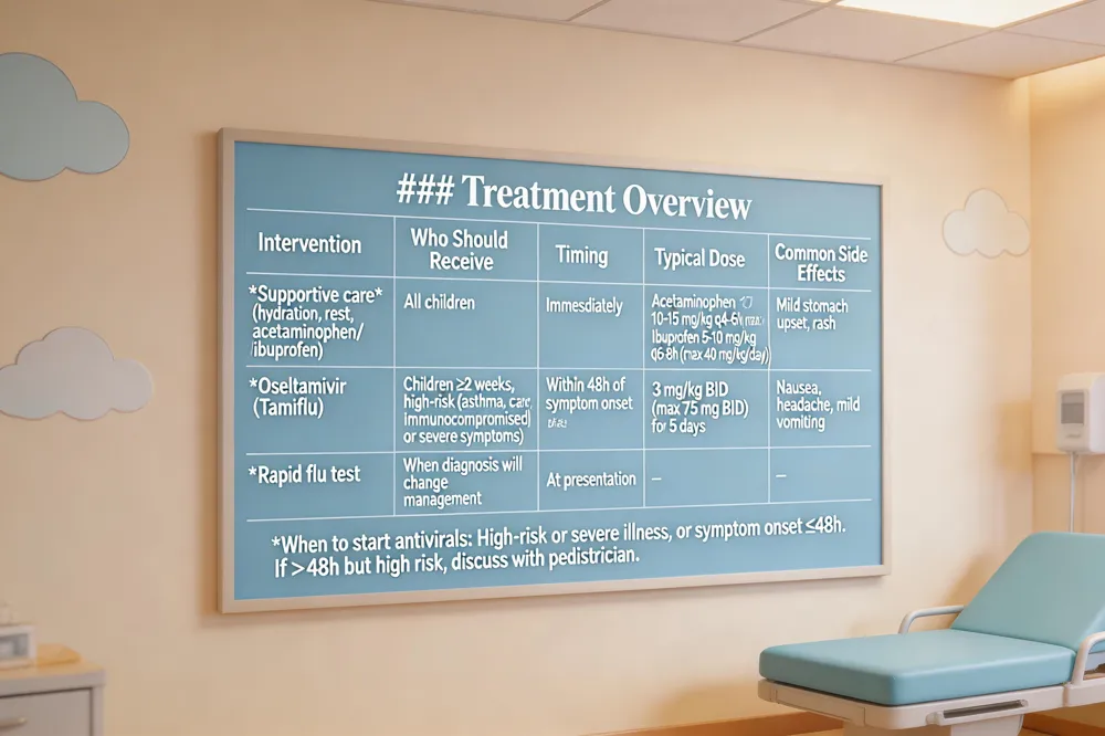 ### Treatment Overview
| Intervention | Who Should Receive | Timing | Typical Dose (Weight‑Based) | Common Side Effects |
|---|---|---|---|---|
| Supportive care (hydration, rest, acetaminophen/ibuprofen) | All children | Immediately | Acetaminophen 10‑15 mg/kg q4‑6 h (max 75 mg/kg/day) <br> Ibuprofen 5‑10 mg/kg q6‑8 h (max 40 mg/kg/day) | Mild stomach upset, rash |
| Oseltamivir (Tamiflu) | Children ≥2 weeks, high‑risk (asthma, cardiac, immunocompromised) or severe symptoms | Within 48 h of symptom onset | 3 mg/kg BID (max 75 mg BID) for 5 days | Nausea, headache, mild vomiting |
| Rapid flu test | When diagnosis will change management (e.g., start antivirals) | At presentation | – | – |
When to start antivirals: High‑risk or severe illness, or if symptom onset ≤48 h. If >48 h but still high risk, discuss with pediatrician.
