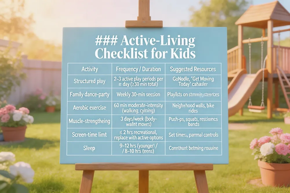 ### Active‑Living Checklist for Kids
| Activity | Frequency / Duration | Suggested Resources |
|---|---|---|
| Structured play | 2–3 active play periods per day (≥30 min total) | GoNoodle, "Get Moving Today" calendar |
| Family dance‑party | Weekly 30‑min session | Playlists on streaming services |
| Aerobic exercise | 60 min moderate‑intensity (e.g., walking, cycling) | Neighborhood walks, bike rides |
| Muscle‑strengthening | 3 days/week (body‑weight moves) | Push‑ups, squats, resistance bands |
| Screen‑time limit | ≤ 2 hrs recreational, replace with active options | Set timers, use parental controls |
| Sleep | 9–12 hrs (younger) / 8–10 hrs (teens) | Consistent bedtime routine |
| 