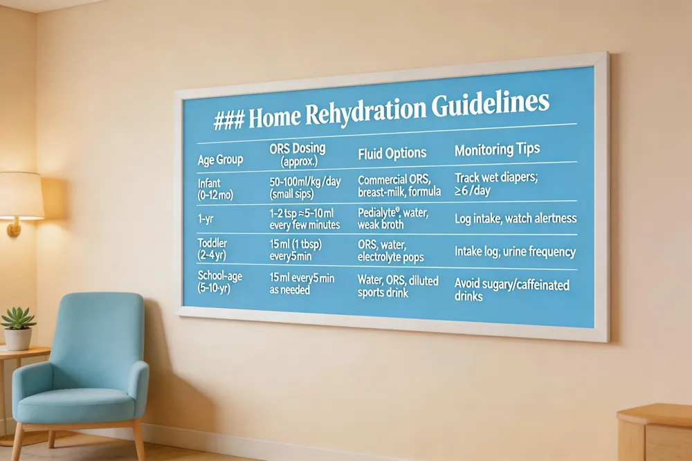 ### Home Rehydration Guidelines
| Age Group | ORS Dosing (approx.) | Fluid Options | Monitoring Tips |
|---|---|---|---|
| Infant (0‑12 mo) | 50‑100 ml /kg / day (small sips) | Commercial ORS, breast‑milk, formula | Track wet diapers; aim for ≥ 6 / day |
| 1‑yr | 1–2 tsp ≈ 5‑10 ml every few minutes | Pedialyte®, water, weak broth | Log total intake; watch for improved alertness |
| Toddler (2‑4 yr) | 15 ml (1 tbsp) every 5 min | ORS, water, electrolyte‑enhanced pops | Keep a simple intake log; note urine frequency |
| School‑age (5‑10 yr) | 15 ml every 5 min as needed | Water, ORS, diluted sports drink | Encourage regular sips; avoid sugary/caffeinated drinks |
| 