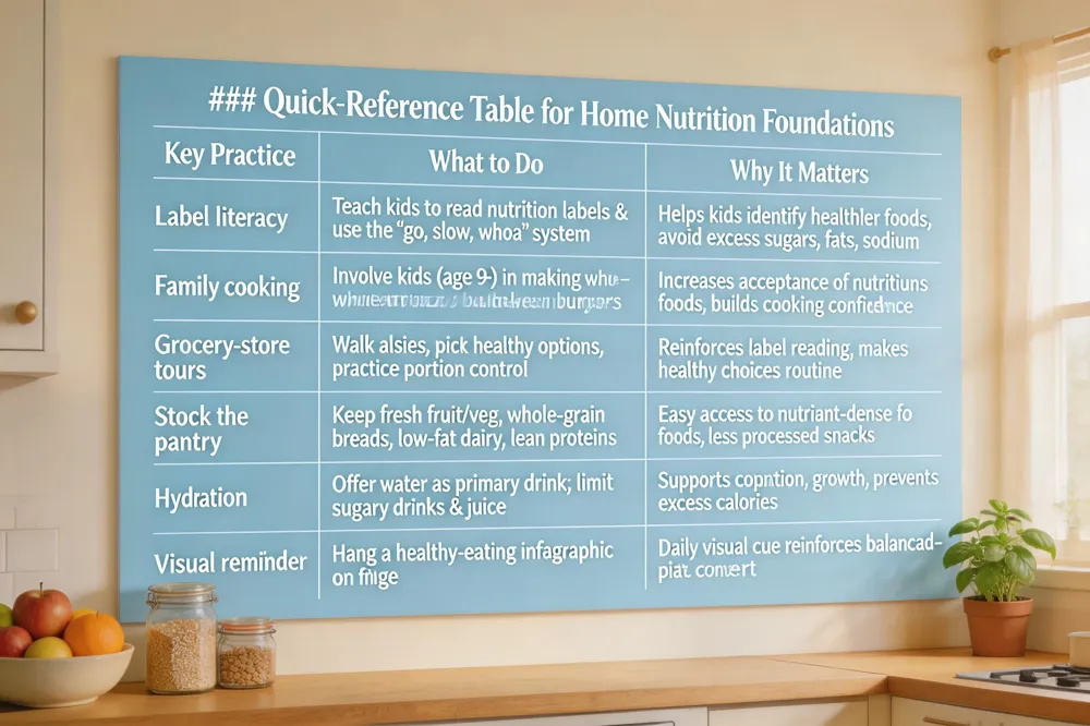 ### Quick‑Reference Table for Home Nutrition Foundations
| Key Practice | What to Do | Why It Matters |
|---|---|---|
| Label literacy | Teach kids to read nutrition labels and use the go, slow, whoa system. | Helps children identify healthier foods and avoid excessive added sugars, fats, and sodium. |
| Family cooking | Involve children (age 9 +) in preparing meals like whole‑wheat pizza or black‑bean burgers. | Increases acceptance of nutritious foods and builds cooking confidence. |
| Grocery‑store tours | Walk the aisles, pick the healthiest options, practice portion control. | Reinforces label reading and makes healthier choices routine. |
| Stock the pantry | Keep fresh fruit, veg, whole‑grain breads, low‑fat dairy, lean proteins. | Provides easy access to nutrient‑dense foods, reducing reliance on processed snacks. |
| Hydration | Offer water as the primary drink; limit sugary drinks & juice. | Supports cognition, growth, and prevents excess calorie intake. |
| Visual reminder | Hang a colorful “healthy‑eating infographic” on the fridge. | Daily visual cue reinforces the balanced‑plate concept. |
| 