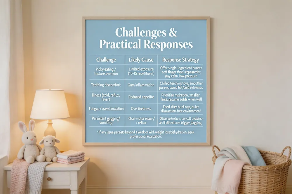 Challenges & Practical Responses
| Challenge | Likely Cause | Response Strategy |
|---|---|---|
| Picky eating / texture aversion | Limited exposure (needs 10‑15 repetitions) | Offer single‑ingredient puree or soft finger food repeatedly; stay calm and low‑pressure. |
| Teething discomfort | Gum inflammation | Offer chilled teething toys, try smoother purees, ensure not too hot or cold. |
| Illness (cold, reflux, fever) | Reduced appetite | Prioritize hydration, offer smaller frequent feeds, resume solids when the baby feels better. |
| Fatigue / overstimulation | Overtiredness | Schedule feeding after a brief nap, create a quiet distraction‑free environment. |
| Persistent gagging or vomiting | Possible oral‑motor issue or reflux | Observe texture; if gagging on all textures, consult pediatrician for oral‑motor assessment. |
If any issue persists beyond a week or is accompanied by weight loss or dehydration, seek professional evaluation.
