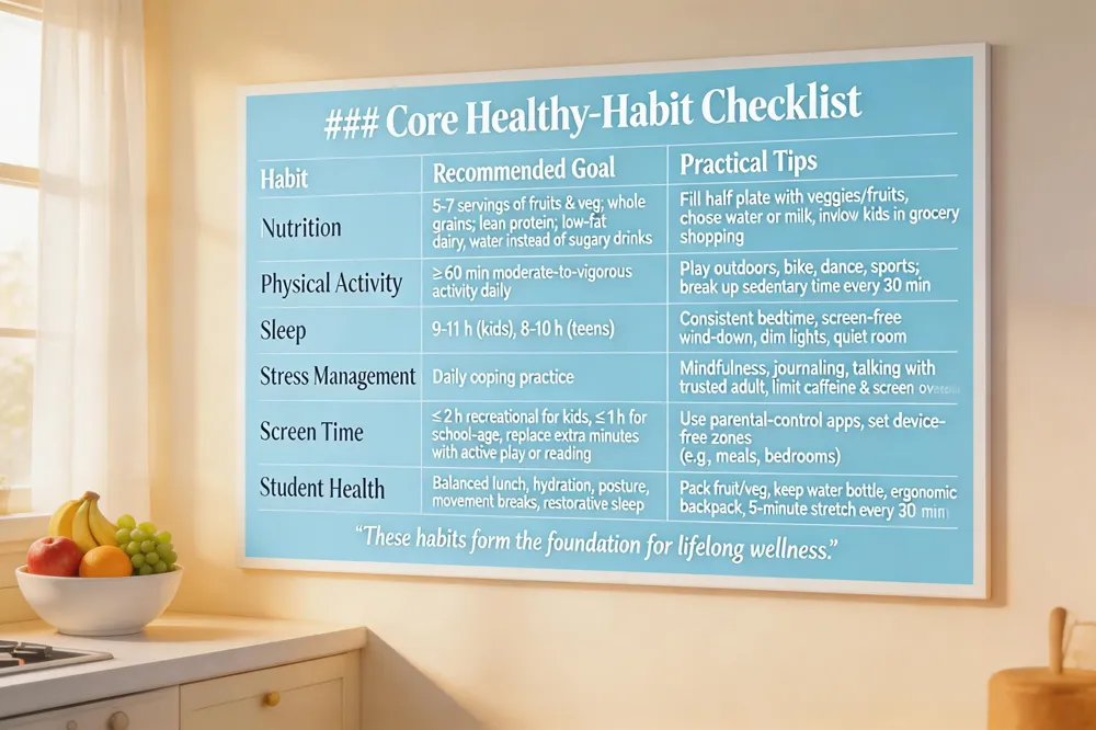 ### Core Healthy‑Habit Checklist
| Habit | Recommended Goal | Practical Tips |
|---|---|---|
| Nutrition | 5‑7 servings of fruits & veg; whole grains; lean protein; low‑fat dairy; water instead of sugary drinks | Fill half plate with veggies/fruits, choose water or milk, involve kids in grocery shopping |
| Physical Activity | ≥ 60 min moderate‑to‑vigorous activity daily | Play outdoors, bike, dance, sports; break up sedentary time every 30 min |
| Sleep | 9‑11 h (kids), 8‑10 h (teens) | Consistent bedtime, screen‑free wind‑down, dim lights, quiet room |
| Stress Management | Daily coping practice | Mindfulness, journaling, talking with trusted adult, limit caffeine & screen overload |
| Screen Time | ≤ 2 h recreational for kids, ≤ 1 h for school‑age; replace extra minutes with active play or reading | Use parental‑control apps, set device‑free zones (e.g., meals, bedrooms) |
| Student Health | Balanced lunch, hydration, posture, movement breaks, restorative sleep | Pack fruit/veg, keep water bottle, ergonomic backpack, 5‑minute stretch every 30 min |
These habits form the foundation for lifelong wellness.
