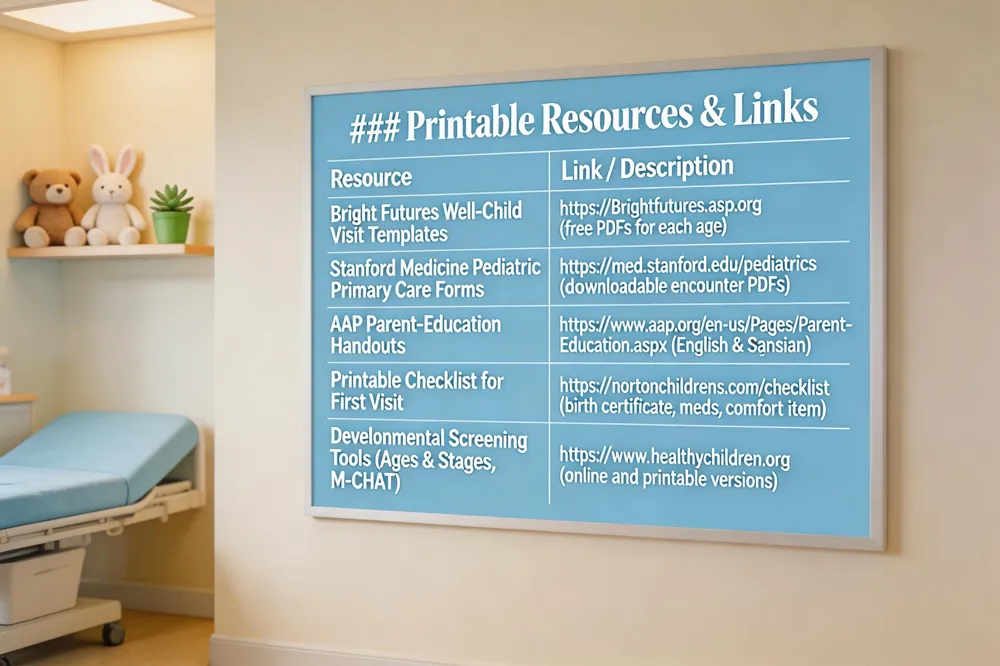### Printable Resources & Links
| Resource | Link / Description |
|---|---|
| Bright Futures Well‑Child Visit Templates | https://brightfutures.aap.org (free PDFs for each age) |
| Stanford Medicine Pediatric Primary Care Forms | https://med.stanford.edu/pediatrics (downloadable encounter PDFs) |
| AAP Parent‑Education Handouts | https://www.aap.org/en-us/Pages/Parent-Education.aspx (English & Spanish) |
| Printable Checklist for First Visit | https://nortonchildrens.com/checklist (birth certificate, meds, comfort item) |
| Developmental Screening Tools (Ages & Stages, M‑CHAT) | https://www.healthychildren.org (online and printable versions) |
| 