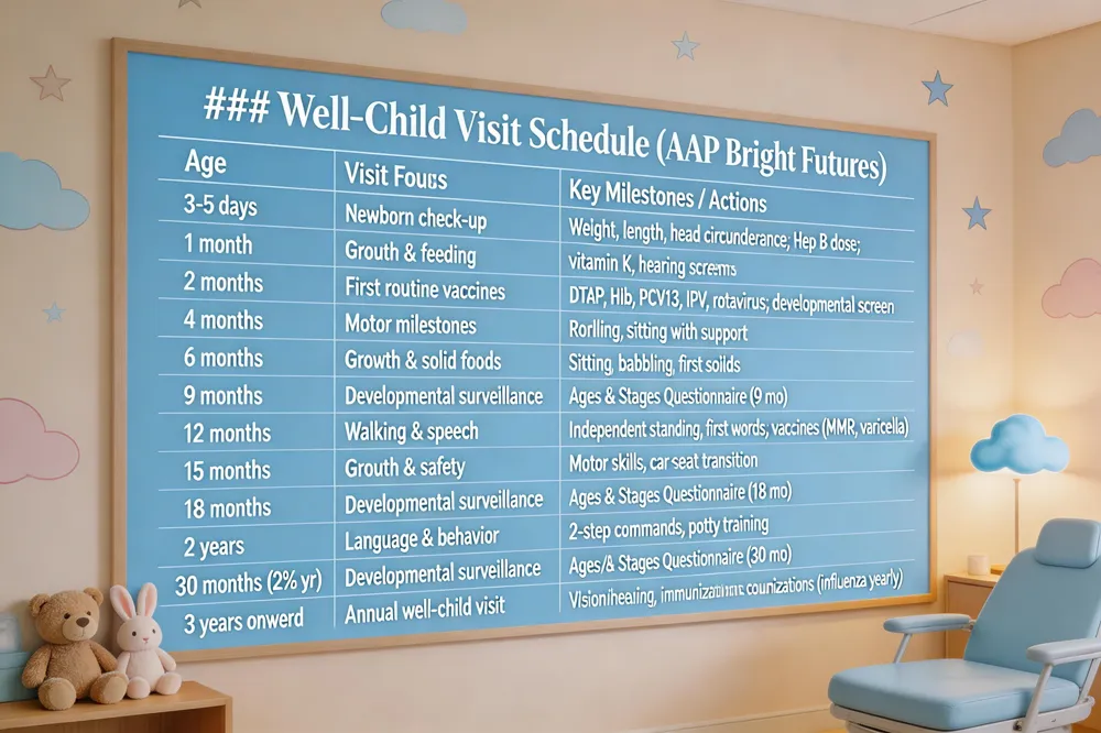 ### Well‑Child Visit Schedule (AAP Bright Futures)
| Age | Visit Focus | Key Milestones / Actions |
|---|---|---|
| 3‑5 days | Newborn check‑up | Weight, length, head circumference; Hep B dose; vitamin K, hearing screen |
| 1 month | Growth & feeding | Weight gain, feeding patterns |
| 2 months | First routine vaccines | DTaP, Hib, PCV13, IPV, rotavirus; developmental screen |
| 4 months | Motor milestones | Rolling, sitting with support |
| 6 months | Growth & solid foods | Sitting, babbling, first solids |
| 9 months | Developmental surveillance | Ages & Stages Questionnaire (9 mo) |
| 12 months | Walking & speech | Independent standing, first words; vaccines (MMR, varicella) |
| 15 months | Growth & safety | Motor skills, car‑seat transition |
| 18 months | Developmental surveillance | Ages & Stages Questionnaire (18 mo) |
| 2 years | Language & behavior | 2‑step commands, potty training |
| 30 months (2½ yr) | Developmental surveillance | Ages & Stages Questionnaire (30 mo) |
| 3 years onward | Annual well‑child visit | Vision/hearing screens, behavior counseling, immunizations (influenza yearly) |
| 