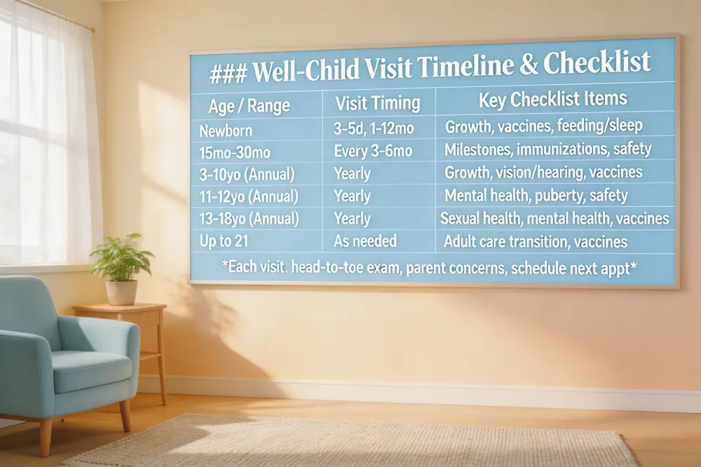 ### Well‑Child Visit Timeline & Checklist
| Age / Range | Visit Timing (per Bright Futures) | Key Checklist Items |
|---|---|---|
| Newborn | 3–5 days, 1 mo, 2 mo, 4 mo, 6 mo, 9 mo, 12 mo | Weight/height/head circumference, newborn screen results, feeding & sleep counseling, first vaccine series |
| 15 mo, 18 mo, 2 y (24 mo), 2½ y (30 mo) | Every 3‑6 mo | Developmental milestones, growth chart, immunizations (DTaP, Hib, IPV, MMR, Varicella), safety (car seat, fall prevention) |
| Ages 3‑10 (annual) | Yearly | Growth & BMI, developmental screening, vision/hearing (if indicated), immunizations, anticipatory guidance (nutrition, activity, safety) |
| Ages 11‑12 (annual) | Yearly | Add vision & hearing screenings, mental‑health red‑flag screening, puberty education, sports‑related safety |
| Ages 13‑18 (annual) | Yearly | Nutrition, sexual‑health education, risk‑behavior counseling, mental‑health screening, vaccine updates (HPV, meningococcal) |
| Up to 21 (transition) | As needed (often at 21) | Review health maintenance, final immunizations, transition to adult care, discuss future health goals |
Each visit should also include a head‑to‑toe physical exam, review of parental concerns, and scheduling of the next appointment.