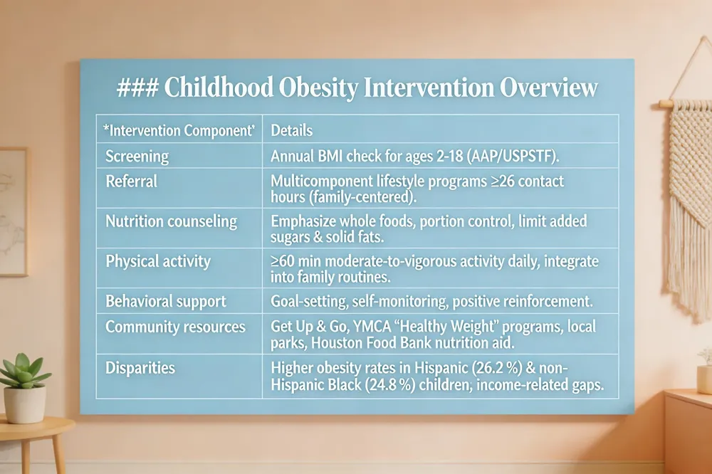 ### Childhood Obesity Intervention Overview
| Intervention Component | Details |
|---|---|
| Screening | Annual BMI check for ages 2‑18 (AAP/USPSTF). |
| Referral | Multicomponent lifestyle programs ≥ 26 contact hours (family‑centered). |
| Nutrition counseling | Emphasize whole foods, portion control, limit added sugars & solid fats. |
| Physical activity | ≥ 60 min moderate‑to‑vigorous activity daily; integrate into family routines. |
| Behavioral support | Goal‑setting, self‑monitoring, positive reinforcement. |
| Community resources | Get Up & Go, YMCA "Healthy Weight" programs, local parks, Houston Food Bank nutrition aid. |
| Disparities | Higher obesity rates in Hispanic (26.2 %) & non‑Hispanic Black (24.8 %) children; income‑related gaps. |
| 
