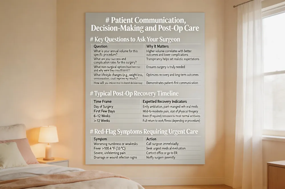 # Patient Communication, Decision‑Making and Post‑Op Care
Key Questions to Ask Your Surgeon
| Question | Why It Matters |
|---|---|
| What is your annual volume for this specific procedure? | Higher volume correlates with better outcomes and lower complications |
| What are your success and complication rates for this surgery? | Transparency helps set realistic expectations |
| What non‑surgical options have been tried and why were they insufficient? | Ensures surgery is truly needed |
| What lifestyle changes (e.g., weight loss, smoking cessation) could improve my results? | Optimizes recovery and long‑term outcomes |
| How will you involve me in shared decision‑making? | Demonstrates patient‑first communication |
Typical Post‑Op Recovery Timeline
| Time Frame | Expected Recovery Indicators |
|---|---|
| Day of Surgery | Early ambulation, pain managed with oral meds |
| First Few Days | Mild‑to‑moderate pain, start of physical therapy |
| 2–4 Weeks | Gradual increase in activity, restrictions on lifting >10 lb |
| 6–12 Weeks | Brace (if required) removal, return to most normal activities |
| >12 Weeks | Full return to work/fitness (depending on procedure) |
Red‑Flag Symptoms Requiring Urgent Care
| Symptom | Action |
|---|---|
| Worsening numbness or weakness | Call surgeon immediately |
| Fever >100.4 °F (38 °C) | Seek urgent medical evaluation |
| Severe, unrelenting pain | Contact office or go to ER |
| Drainage or wound infection signs | Notify surgeon promptly |
| 