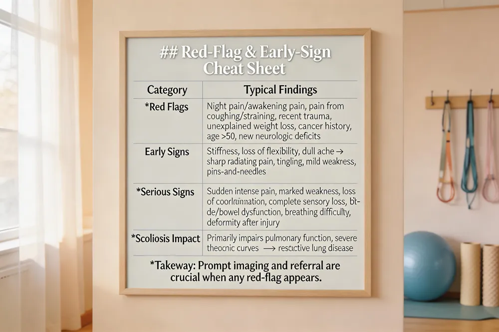 ## Red‑Flag & Early‑Sign Cheat Sheet
| Category | Typical Findings |
|---|---|
| Red Flags | Night painawaking pain, pain worsened by coughing/straining, recent trauma, unexplained weight loss, cancer history, age > 50, new neurologic deficits (weakness, numbness, bladder/bowel loss) |
| Early Signs | Stiffness, loss of flexibility, dull ache → sharp radiating pain, tingling, mild weakness, pins‑and‑needles |
| Serious Signs | Sudden intense pain, marked weakness, loss of coordination, complete sensory loss, bladder/bowel dysfunction, breathing difficulty, deformity after injury |
| Scoliosis Impact | Primarily impairs pulmonary function; severe thoracic curves → restrictive lung disease |
Takeaway: Prompt imaging and referral are crucial when any red‑flag appears.
