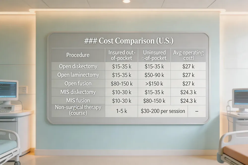 ### Cost Comparison (U.S.)
| Procedure | Insured out‑of‑pocket | Uninsured out‑of‑pocket | Avg operating cost |
|---|---|---|---|
| Open diskectomy | $15‑35 k | $15‑35 k | $27 k |
| Open laminectomy | $15‑35 k | $50‑90 k | $27 k |
| Open fusion | $80‑150 k | >$150 k | $27 k |
| MIS diskectomy | $10‑30 k | $15‑35 k | $24.3 k |
| MIS fusion | $10‑30 k | $80‑150 k | $24.3 k |
| Non‑surgical therapy (course) | $1‑5 k | $30‑200 per session | – |
| 