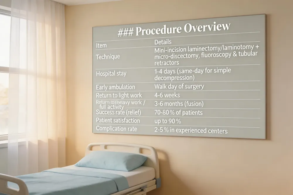 ### Procedure Overview
| Item | Details |
|---|---|
| Technique | Mini‑incision laminectomy/laminotomy + micro‑discectomy; fluoroscopy & tubular retractors |
| Hospital stay | 1‑4 days (same‑day for simple decompression) |
| Early ambulation | Walk day of surgery |
| Return to light work | 4‑6 weeks |
| Return to heavy work / full activity | 3‑6 months (fusion) |
| Success rate (relief) | 70‑80 % of patients |
| Patient satisfaction | up to 90 % |
| Complication rate | 2‑5 % in experienced centers |
| 