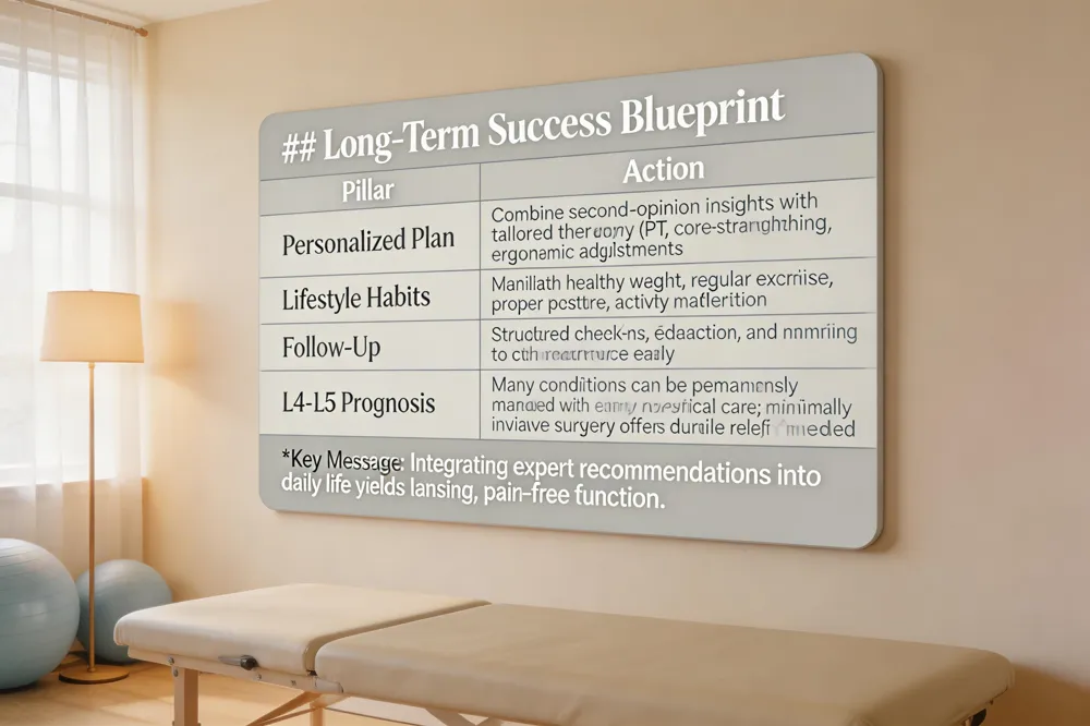 ## Long‑Term Success Blueprint
| Pillar | Action |
|---|---|
| Personalized Plan | Combine second‑opinion insights with tailored therapy (PT, core‑strengthening, ergonomic adjustments) |
| Lifestyle Habits | Maintain healthy weight, regular exercise, proper posture, activity modification |
| Follow‑Up | Structured check‑ins, education, and monitoring to catch recurrence early |
| L4‑L5 Prognosis | Many conditions can be permanently managed with early non‑surgical care; minimally invasive surgery offers durable relief when needed |
Key Message: Integrating expert recommendations into daily life yields lasting, pain‑free function.