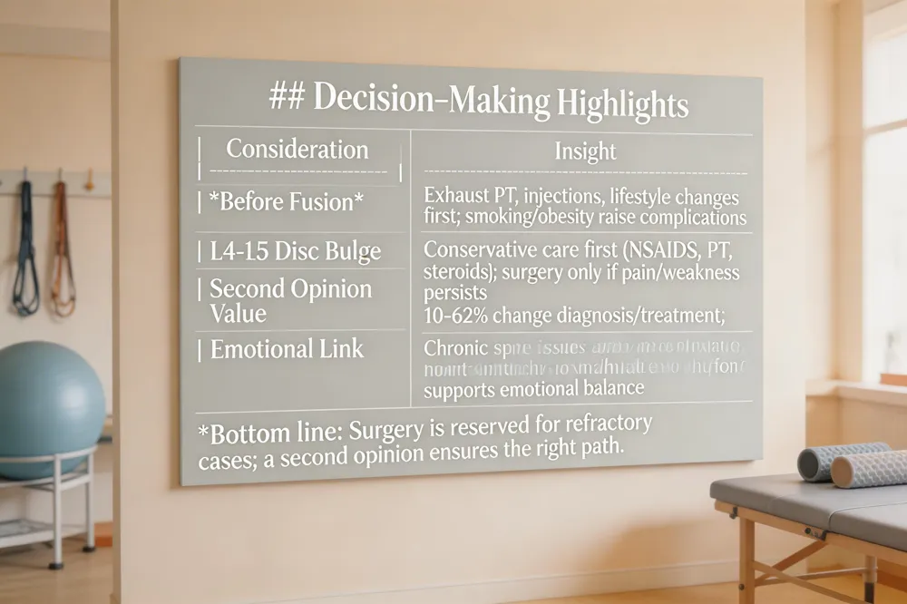 ## Decision‑Making Highlights
| Consideration | Insight |
|---|---|
| Before Fusion | Exhaust PT, injections, lifestyle changes first; smoking, obesity, uncontrolled comorbidities raise complications |
| L4‑L5 Disc Bulge | Conservative care first (NSAIDs, PT, epidural steroids); surgery (micro‑discectomy, endoscopic decompression) only if pain/weakness persists or neuro‑emergency |
| Second Opinion Value | 10‑62 % change diagnosis/treatment; confirms need, reveals non‑operative options, builds confidence |
| Emotional Link | Chronic spine issues can affect mood, anxiety, and even heart function; addressing spinal health supports emotional balance |
Bottom line: Surgery is reserved for refractory cases; a second opinion ensures the right path.