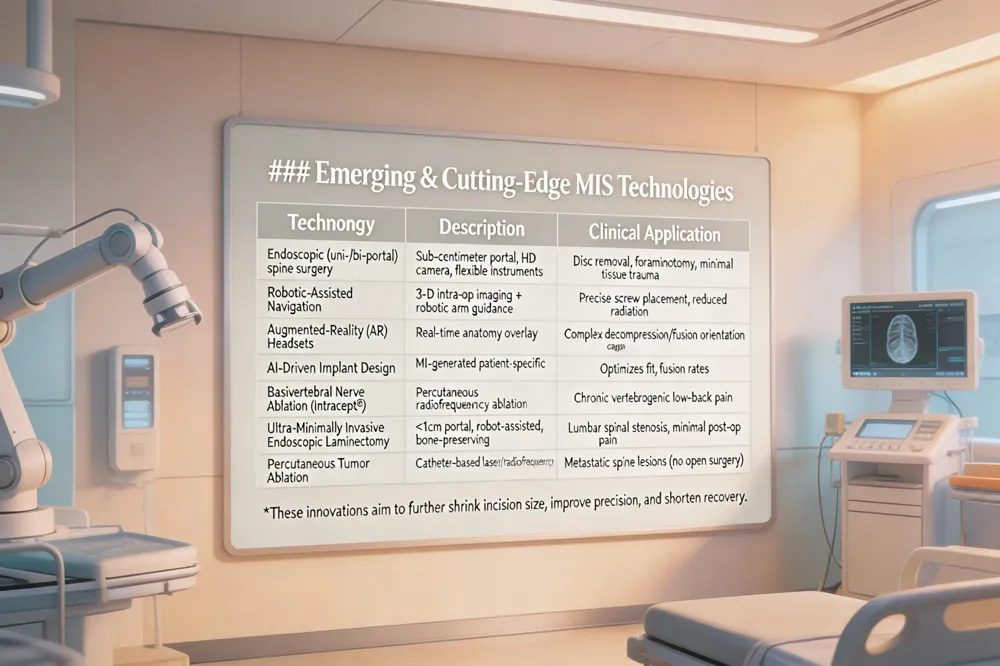 ### Emerging & Cutting‑Edge MIS Technologies
| Technology | Description | Clinical Application |
|---|---|---|
| Endoscopic (uni‑/bi‑portal) spine surgery | Sub‑centimeter portal, high‑definition camera, flexible instruments | Disc removal, foraminotomy, laminectomy with ultra‑minimal tissue trauma |
| Robotic‑Assisted Navigation | 3‑D intra‑operative imaging + robotic arm for instrument guidance | Precise pedicle screw placement, cage insertion, reduced radiation exposure |
| Augmented‑Reality (AR) Headsets | Real‑time overlay of patient anatomy on surgeon’s view | Enhances orientation during complex decompression or fusion |
| AI‑Driven Implant Design | Machine‑learning models generate patient‑specific interbody cages | Optimizes fit, load distribution, and fusion rates |
| Basivertebral Nerve Ablation (Intracept®) | Percutaneous radiofrequency ablation of vertebral endplate nerve | Chronic vertebrogenic low‑back pain resistant to other therapies |
| Ultra‑Minimally Invasive Endoscopic Laminectomy | <1 cm portal, robot‑assisted navigation, bone‑preserving technique | Lumbar spinal stenosis with minimal postoperative pain |
| Percutaneous Tumor Ablation | Catheter‑based laser or radiofrequency energy delivery | Palliative treatment of metastatic spine lesions without open surgery |
These innovations aim to further shrink incision size, improve precision, and shorten recovery.
