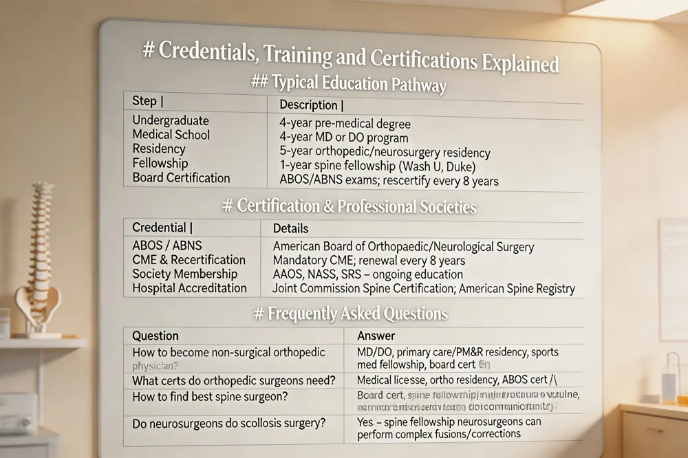 # Credentials, Training and Certifications Explained
Typical Education Pathway
| Step | Description |
|---|---|
| Undergraduate | 4‑year pre‑medical degree |
| Medical School | 4‑year MD or DO program |
| Residency | 5‑year orthopedic residency (or neurosurgery residency) |
| Fellowship | 1‑year spine‑focused fellowship (e.g., Washington University, Duke) |
| Board Certification | ABOS (Orthopaedic) or ABNS (Neurosurgery) exams; recertify every 8 years |
Certification & Professional Societies
| Credential | Details |
|---|---|
| ABOS / ABNS | American Board of Orthopaedic Surgery or American Board of Neurological Surgery |
| CME & Recertification | Mandatory continuing medical education; renewal every 8 years |
| Society Membership | AAOS, NASS, Scoliosis Research Society (SRS) – signals ongoing education |
| Hospital Accreditation | Joint Commission Advanced Certification in Spine Surgery; participation in American Spine Registry |
Frequently Asked Questions
| Question | Answer |
|---|---|
| How to become an orthopedic physician non‑surgical? | Complete MD/DO, primary‑care or PM&R residency, sports‑medicine or musculoskeletal fellowship, board certification |
| What certifications do orthopedic surgeons need? | Medical license, accredited orthopedic residency, ABOS board certification (recertified every 8 years) |
| How to find the best spine surgeon? | Look for board certification, dedicated spine fellowship, high annual procedure volume, minimally invasive expertise, hospital privileges at an accredited spine center, clear communication |
| Do neurosurgeons do scoliosis surgery? | Yes – neurosurgeons with spine fellowship can perform complex fusions and deformity corrections |
| 