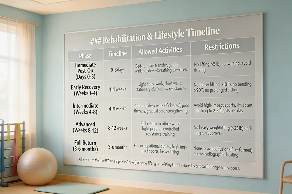 ### Rehabilitation & Lifestyle Timeline
| Phase | Timeline | Allowed Activities | Restrictions |
|---|---|---|---|
| Immediate Post‑Op (Days 0‑3) | 0‑3 days | Bed‑to‑chair transfer, gentle walking, deep‑breathing exercises | No lifting >5 lb, no twisting, avoid driving |
| Early Recovery (Weeks 1‑4) | 1‑4 weeks | Light housework, short walks, stationary cycling (low resistance) | No heavy lifting >10 lb, no bending >90°, no prolonged sitting |
| Intermediate (Weeks 4‑8) | 4‑8 weeks | Return to desk work (if cleared), pool therapy, gradual core strengthening | Avoid high‑impact sports, limit stair climbing to 2‑3 flights per day |
| Advanced (Weeks 8‑12) | 8‑12 weeks | Full return to office work, light jogging, controlled resistance training | No heavy weightlifting (>25 lb) until surgeon approval |
| Full Return (3‑6 months) | 3‑6 months | Full occupational duties, high‑impact sports, heavy lifting | None, provided fusion (if performed) shows radiographic healing |
Adherence to the “no BLT with 2 pickles” rule (no heavy lifting or twisting) until cleared is critical for long‑term success.