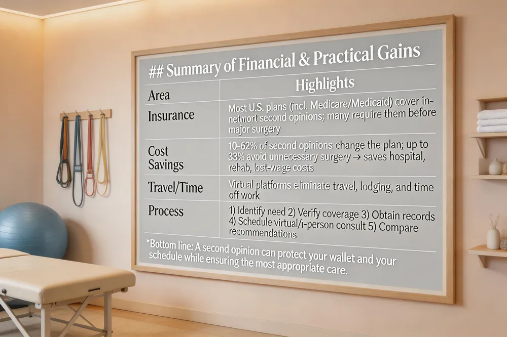## Summary of Financial & Practical Gains
| Area | Highlights |
|---|---|
| Insurance | Most U.S. plans (incl. Medicare/Medicaid) cover in‑network second opinions; many require them before major surgery |
| Cost Savings | 10‑62 % of second opinions change the plan; up to 33 % avoid unnecessary surgery → saves hospital, rehab, and lost‑wage costs |
| Travel/Time | Virtual platforms eliminate travel, lodging, and time off work |
| Process | 1) Identify need 2) Verify coverage 3) Obtain records 4) Schedule virtual/in‑person consult 5) Compare recommendations |
Bottom line: A second opinion can protect your wallet and your schedule while ensuring the most appropriate care.
