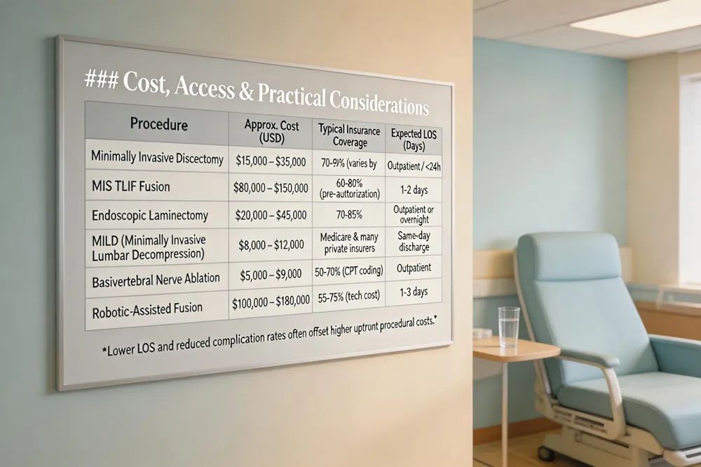 ### Cost, Access & Practical Considerations
| Procedure | Approx. Cost (USD) | Typical Insurance Coverage | Expected LOS (Days) |
|---|---|---|---|
| Minimally Invasive Discectomy | $15,000 – $35,000 | 70‑90 % (varies by plan) | Outpatient / <24 h |
| MIS TLIF Fusion | $80,000 – $150,000 | 60‑80 % (often with pre‑authorization) | 1‑2 days |
| Endoscopic Laminectomy | $20,000 – $45,000 | 70‑85 % | Outpatient or overnight |
| MILD (Minimally Invasive Lumbar Decompression) | $8,000 – $12,000 | Medicare & many private insurers | Same‑day discharge |
| Basivertebral Nerve Ablation | $5,000 – $9,000 | 50‑70 % (depends on CPT coding) | Outpatient |
| Robotic‑Assisted Fusion | $100,000 – $180,000 | 55‑75 % (higher due to technology) | 1‑3 days |
Lower LOS and reduced complication rates often offset higher upfront procedural costs.
