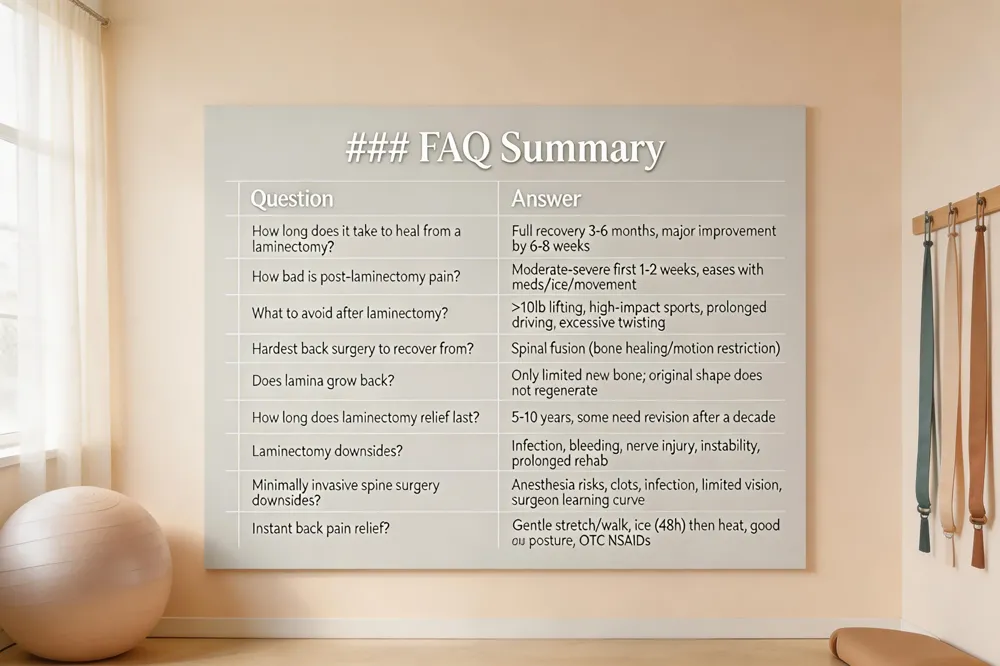 ### FAQ Summary
| Question | Answer |
|---|---|
| How long does it take to heal from a laminectomy? | Full recovery 3‑6 months; most notice major improvement by 6‑8 weeks |
| How bad is the pain after a laminectomy? | Moderate‑to‑severe first 1‑2 weeks, then eases; managed with meds, ice, gentle movement |
| What can you never do again after a laminectomy? | Avoid heavy lifting (>10 lb), high‑impact sports, prolonged driving without breaks, and excessive twisting at the waist |
| What is the hardest back surgery to recover from? | Spinal fusion, due to bone healing and motion restriction |
| Does lamina grow back after laminectomy? | Only limited new bone forms; original shape does not regenerate |
| How many years does a laminectomy last? | Typical relief 5‑10 years; durability varies, some need revision after a decade |
| What is the downside of laminectomy? | Risks: infection, bleeding, nerve injury, possible instability, prolonged rehab |
| What is the downside of minimally invasive spine surgery? | Anesthesia risks, blood clots, infection, limited visual field, learning‑curve for surgeons |
| How to get rid of back pain instantly? | Gentle stretch or short walk, ice for first 48 h then heat, correct posture, OTC NSAIDs; follow‑up for lasting relief |
| 