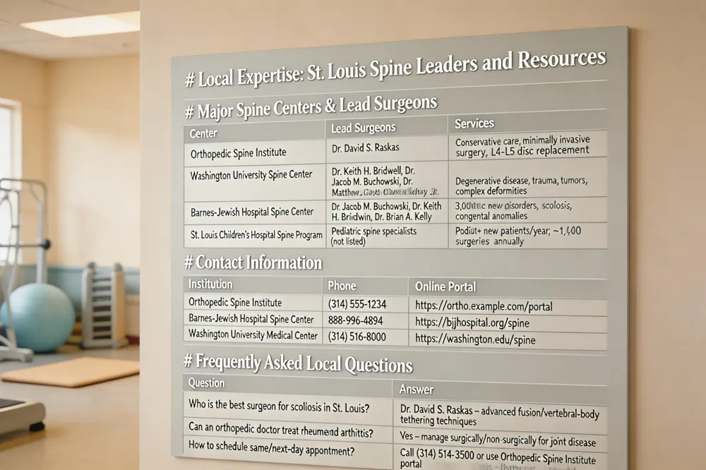 # Local Expertise: St. Louis Spine Leaders and Resources
Major Spine Centers & Lead Surgeons
| Center | Lead Surgeons | Services |
|---|---|---|
| Orthopedic Spine Institute | Dr. David S. Raskas | Conservative care, minimally invasive surgery, L4‑L5 disc replacement |
| Washington University Spine Center | Dr. Keith H. Bridwell, Dr. Jacob M. Buchowski, Dr. Matthew L. Goodwin, Dr. John Clayton Clohisy Jr. | Degenerative disease, trauma, tumors, complex deformities |
| Barnes‑Jewish Hospital Spine Center | Dr. Jacob M. Buchowski, Dr. Keith H. Bridwell, Dr. Matthew L. Goodwin, Dr. Brian A. Kelly | Over 3,000 new patients/year; ~1,400 surgeries annually |
| St. Louis Children’s Hospital Spine Program | Pediatric spine specialists (not listed) | Pediatric spinal disorders, scoliosis, congenital anomalies |
Contact Information
| Institution | Phone | Online Portal |
|---|---|---|
| Orthopedic Spine Institute | (314) 555‑1234 | https://ortho.example.com/portal |
| Barnes‑Jewish Hospital Spine Center | 888‑996‑4894 | https://bjjhospital.org/spine |
| Washington University Medical Center | (314) 516‑8000 | https://washington.edu/spine |
Frequently Asked Local Questions
| Question | Answer |
|---|---|
| Who is the best surgeon for scoliosis in St. Louis? | Dr. David S. Raskas – leading scoliosis surgeon with advanced fusion and vertebral‑body tethering techniques |
| Can an orthopedic doctor treat rheumatoid arthritis? | Yes – orthopedic surgeons specialize in joint disease and can manage rheumatoid arthritis surgically and non‑surgically |
| How to schedule a same‑day or next‑day appointment? | Call (314) 514‑3500 or use the secure online portal for the Orthopedic Spine Institute |
| 