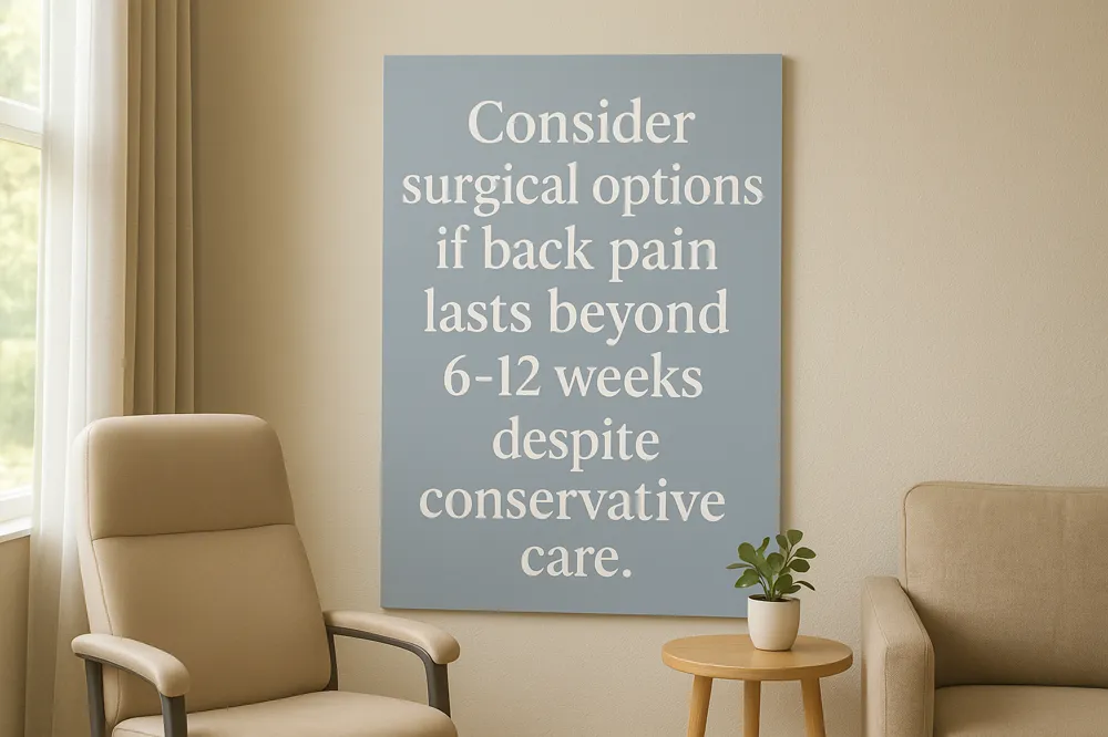 Consider surgical options if back pain lasts beyond 6-12 weeks despite conservative care.