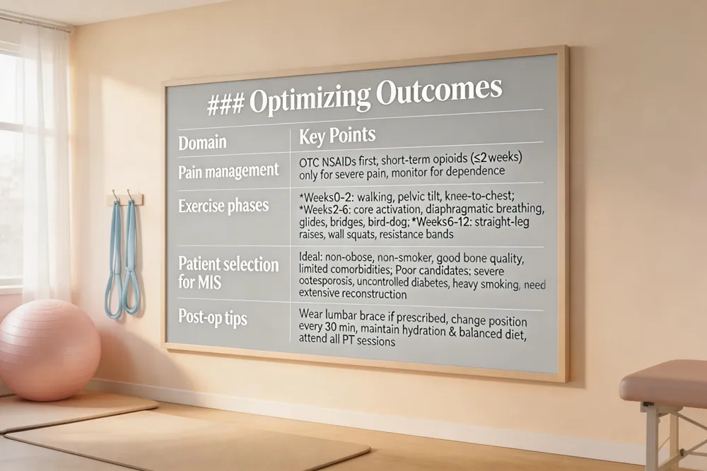 ### Optimizing Outcomes
| Domain | Key Points |
|---|---|
| Pain management | OTC NSAIDs first; short‑term opioids (≤2 weeks) only for severe pain; monitor for dependence |
| Exercise phases | Weeks 0‑2: walking, pelvic tilt, knee‑to‑chest; Weeks 2‑6: core activation, diaphragmatic breathing, glides, bridges, bird‑dog; Weeks 6‑12: straight‑leg raises, wall squats, resistance bands |
| Patient selection for MIS | Ideal: non‑obese, non‑smoker, good bone quality, limited comorbidities; Poor candidates: severe osteoporosis, uncontrolled diabetes, heavy smoking, need extensive reconstruction |
| Post‑op tips | Wear lumbar brace if prescribed, change position every 30 min, maintain hydration & balanced diet, attend all PT sessions |
| 