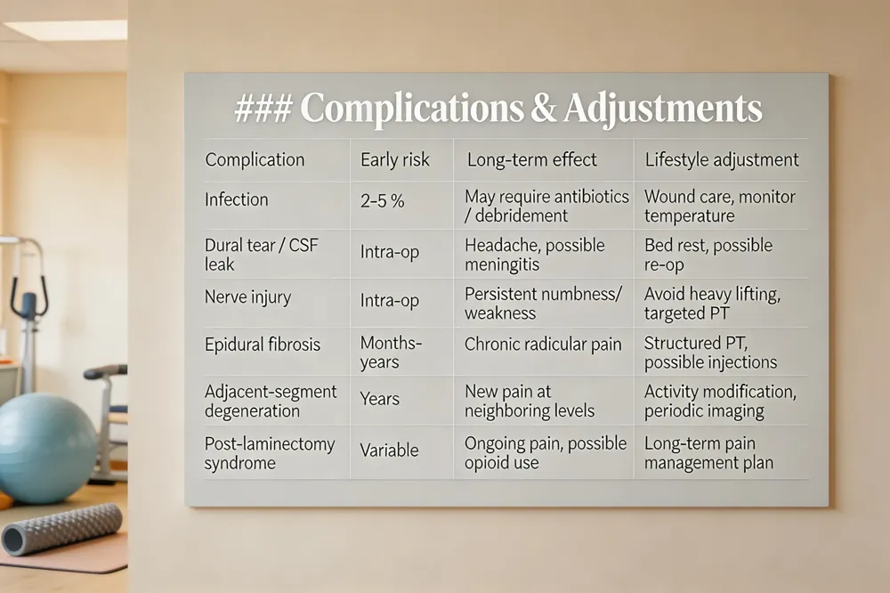### Complications & Adjustments
| Complication | Early risk | Long‑term effect | Lifestyle adjustment |
|---|---|---|---|
| Infection | 2‑5 % | May require antibiotics / debridement | Wound care, monitor temperature |
| Dural tear / CSF leak | Intra‑op | Headache, possible meningitis | Bed rest, possible re‑op |
| Nerve injury | Intra‑op | Persistent numbness/weakness | Avoid heavy lifting, targeted PT |
| Epidural fibrosis | Months‑years | Chronic radicular pain | Structured PT, possible injections |
| Adjacent‑segment degeneration | Years | New pain at neighboring levels | Activity modification, periodic imaging |
| Post‑laminectomy syndrome | Variable | Ongoing pain, possible opioid use | Long‑term pain management plan |
| 