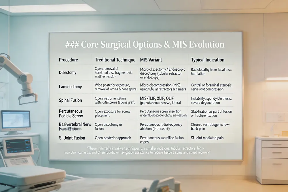 ### Core Surgical Options & MIS Evolution
| Procedure | Traditional Technique | MIS Variant | Typical Indication |
|---|---|---|---|
| Discectomy | Open removal of herniated disc fragment via midline incision | Micro‑discectomy / Endoscopic discectomy (tubular retractor or endoscope) | Radiculopathy from focal disc herniation |
| Laminectomy | Wide posterior exposure, removal of lamina & bone spurs | Micro‑decompression (MIS) using tubular retractors & camera | Central or foraminal stenosis, nerve root compression |
| Spinal Fusion | Open instrumentation with rods/screws & bone graft | MIS‑TLIF, XLIF, OLIF (percutaneous screws, lateral approaches) | Instability, spondylolisthesis, severe degeneration |
| Percutaneous Pedicle Screw | Open exposure for screw placement | Percutaneous screw insertion under fluoroscopy/robotic navigation | Stabilization as part of fusion or fracture fixation |
| Basivertebral Nerve Ablation | Open discectomy or fusion | Percutaneous radiofrequency ablation (Intracept®) | Chronic vertebrogenic low‑back pain |
| SI‑Joint Fusion | Open posterior approach | Percutaneous sacroiliac fusion cages | SI‑joint mediated pain |
These minimally invasive techniques use smaller incisions, tubular retractors, high‑resolution cameras, and often robotic or navigation assistance to reduce tissue trauma and speed recovery.