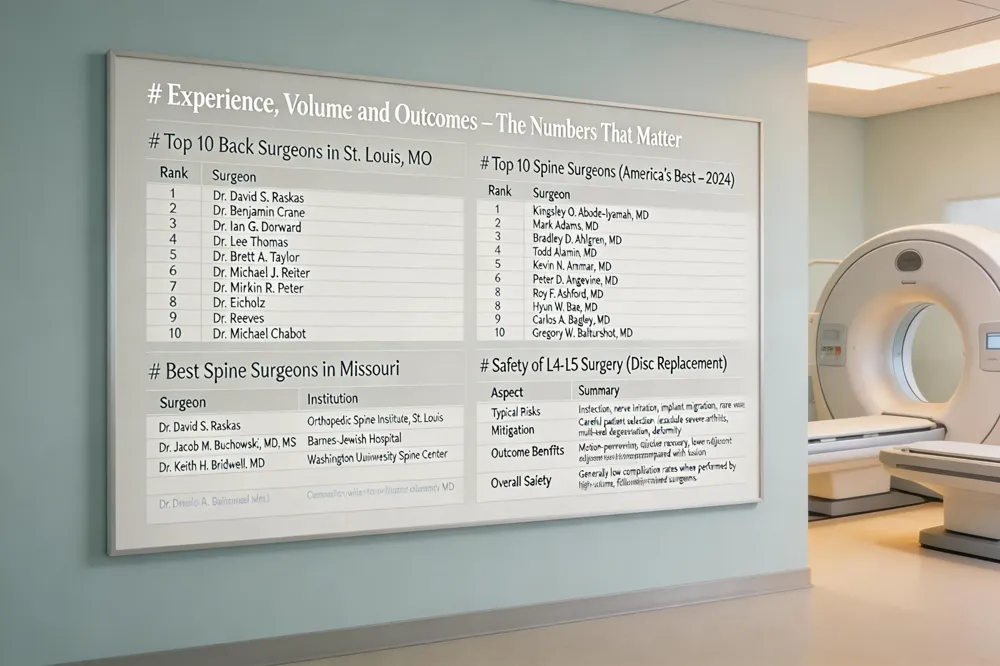 # Experience, Volume and Outcomes – The Numbers That Matter
Top 10 Back Surgeons in St. Louis, MO
| Rank | Surgeon |
|---|---|
| 1 | Dr. David S. Raskas |
| 2 | Dr. Benjamin Crane |
| 3 | Dr. Ian G. Dorward |
| 4 | Dr. Lee Thomas |
| 5 | Dr. Brett A. Taylor |
| 6 | Dr. Michael J. Reiter |
| 7 | Dr. Mirkin R. Peter |
| 8 | Dr. Eicholz |
| 9 | Dr. Reeves |
| 10 | Dr. Michael Chabot |
Top 10 Spine Surgeons (America’s Best – 2024)
| Rank | Surgeon |
|---|---|
| 1 | Kingsley O. Abode‑Iyamah, MD |
| 2 | Mark Adams, MD |
| 3 | Bradley D. Ahlgren, MD |
| 4 | Todd Alamin, MD |
| 5 | Kevin N. Ammar, MD |
| 6 | Peter D. Angevine, MD |
| 7 | Roy F. Ashford, MD |
| 8 | Hyun W. Bae, MD |
| 9 | Carlos A. Bagley, MD |
| 10 | Gregory W. Balturshot, MD |
Best Spine Surgeons in Missouri
| Surgeon | Institution |
|---|---|
| Dr. David S. Raskas | Orthopedic Spine Institute, St. Louis |
| Dr. Jacob M. Buchowski, MD, MS | Barnes‑Jewish Hospital |
| Dr. Keith H. Bridwell, MD | Washington University Spine Center |
Safety of L4‑L5 Surgery (Disc Replacement)
| Aspect | Summary |
|---|---|
| Typical Risks | Infection, nerve irritation, implant migration, rare vascular injury |
| Mitigation | Careful patient selection (exclude severe arthritis, multi‑level degeneration, deformity) |
| Outcome Benefits | Motion‑preserving, quicker recovery, lower adjacent‑level stress compared with fusion |
| Overall Safety | Generally low complication rates when performed by high‑volume, fellowship‑trained surgeons |
| 