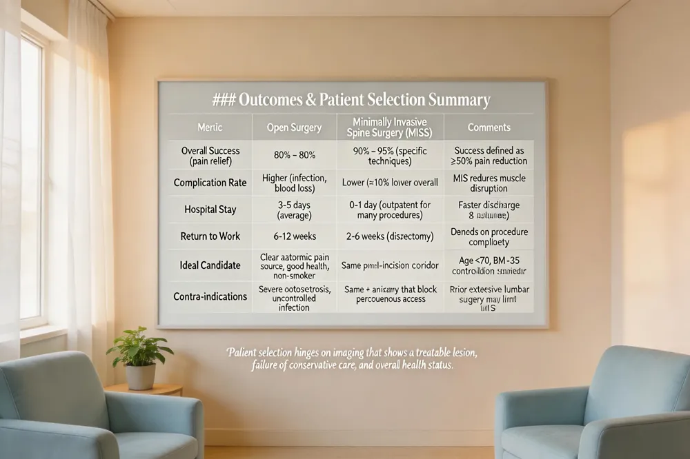 ### Outcomes & Patient Selection Summary
| Metric | Open Surgery | Minimally Invasive Spine Surgery (MISS) | Comments |
|---|---|---|---|
| Overall Success (pain relief) | 60 % – 80 % | 90 % – 95 % (specific techniques) | Success defined as ≥50 % pain reduction |
| Complication Rate | Higher (infection, blood loss) | Lower (≈10 % lower overall) | MIS reduces muscle disruption |
| Hospital Stay | 3‑5 days (average) | 0‑1 day (outpatient for many procedures) | Faster discharge with MIS |
| Return to Work | 6‑12 weeks | 2‑6 weeks (discectomy) – 8‑12 weeks (fusion) | Depends on procedure complexity |
| Ideal Candidate | Clear anatomic pain source, good health, non‑smoker | Same plus suitability for small‑incision corridor | Age <70, BMI <35, controlled comorbidities |
| Contra‑indications | Severe osteoporosis, uncontrolled infection | Same + anatomy that blocks percutaneous access | Prior extensive lumbar surgery may limit MIS |
Patient selection hinges on imaging that shows a treatable lesion, failure of conservative care, and overall health status.