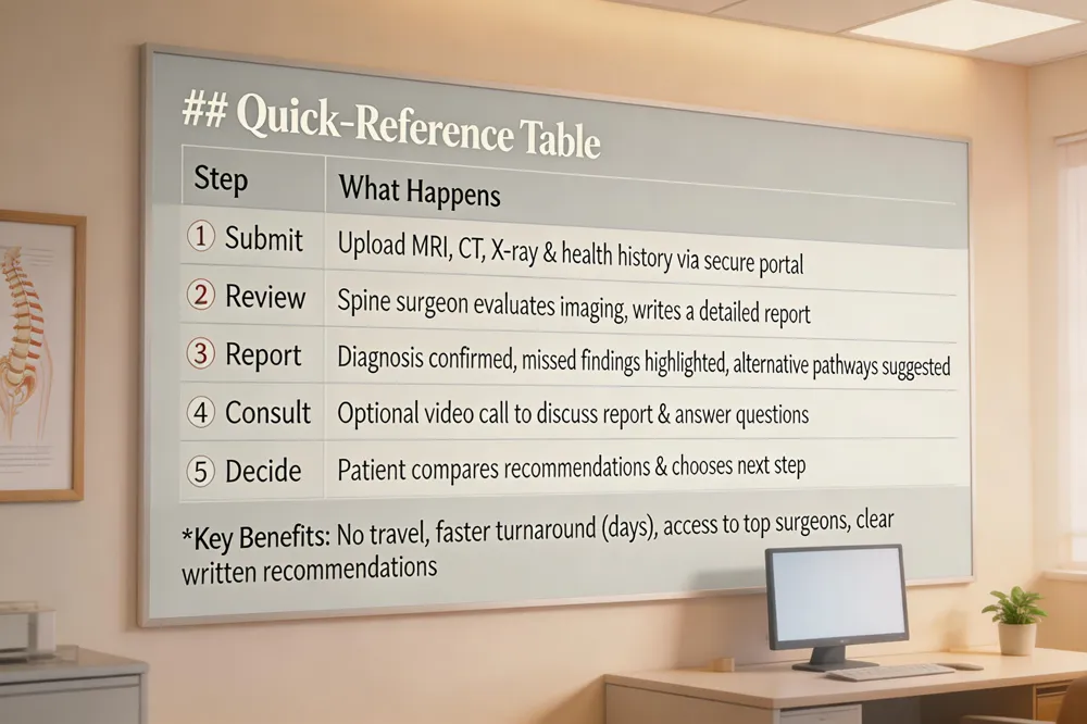 ## Quick‑Reference Table
| Step | What Happens |
|---|---|
| 1️⃣ Submit | Upload MRI, CT, X‑ray & health history via secure portal |
| 2️⃣ Review | Spine surgeon evaluates imaging, writes a detailed report |
| 3️⃣ Report | Diagnosis confirmed, missed findings highlighted, alternative pathways suggested |
| 4️⃣ Consult | Optional video call to discuss report & answer questions |
| 5️⃣ Decide | Patient compares recommendations & chooses next step |
Key Benefits: No travel, faster turnaround (days), access to top surgeons, clear written recommendations.