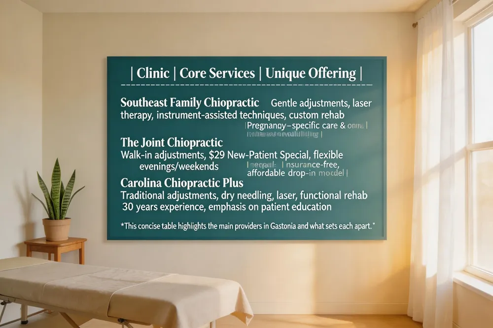 | Clinic | Core Services | Unique Offering | |--------|---------------|-----------------| | Southeast Family Chiropractic | Gentle adjustments, laser therapy, instrument‑assisted techniques, custom rehab | Pregnancy‑specific care & online scheduling | | The Joint Chiropractic | Walk‑in adjustments, $29 New‑Patient Special, flexible evenings/weekends | Insurance‑free, affordable drop‑in model | | Carolina Chiropractic Plus | Traditional adjustments, dry needling, laser, functional rehab | 30 years experience, emphasis on patient education |
This concise table highlights the main providers in Gastonia and what sets each apart.