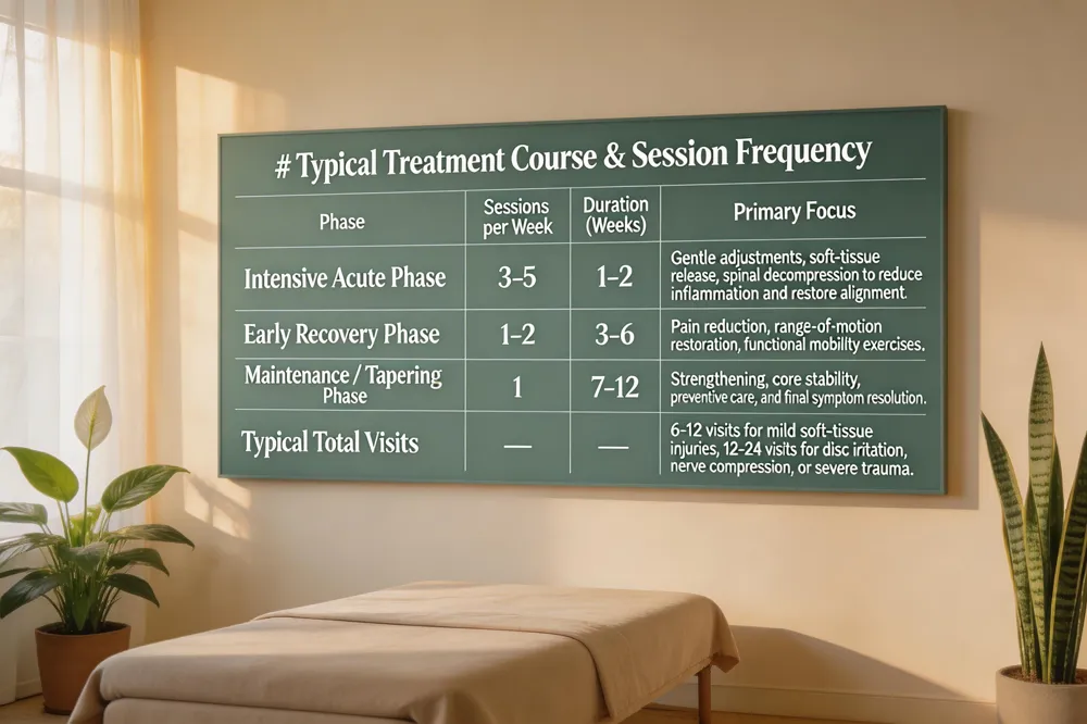 # Role of Chiropractic in Auto‑Injury Claims
| Claim Aspect | How Chiropractic Contributes |
|---|---|
| Medical Expense Classification | Most states treat chiropractic care as a reimbursable medical expense, allowing billing to liability insurance, MedPay, PIP, or health plans. |
| Timely Notification | Prompt treatment (within 48‑72 hrs) satisfies policy timelines and preserves benefits. |
| Objective Evidence | Detailed invoices, X‑ray reports, and treatment notes provide quantifiable proof of injury severity and causation. |
| Settlement Value Support | Early documented care prevents chronic pain, helping maintain higher settlement amounts. |
| Reimbursement Pathways | Initial fees covered by MedPay/PIP; remaining balances pursued from at‑fault driver’s liability insurer or health insurance after claim resolution. |
| Car‑accident injuries—whiplash, neck stiffness, back pain, headaches, and nerve irritation—are often hidden at first, so prompt chiropractic evaluation within 48‑72 hours is essential. Because most states classify chiropractic treatment as a medical expense, it can be billed to the at‑fault driver’s liability insurance, MedPay, Personal Injury Protection (PIP), or your own health plan. The first step is to notify both your insurer and the other driver’s insurer promptly; many policies require a timely claim to preserve benefits. Provide the adjuster with detailed invoices, X‑ray reports, and the chiropractor’s treatment notes, which serve as objective evidence of injury severity and support the claim’s value. Early, documented care not only speeds recovery but also prevents the development of chronic pain that could diminish settlement amounts. If your policy includes MedPay or PIP, those funds will cover the initial fees, while any remaining balance may be pursued from the at‑fault driver’s liability insurer or reimbursed through health insurance after the claim is resolved. |
Immediate Benefits of Early Chiropractic Intervention
![# Immediate Benefits of Early Chiropractic Intervention
| Benefit | Description |
|---|---|
| Early detection of hidden injuries | Identifies soft‑tissue damage, spinal misalignments, and nerve irritation that may be masked by adrenaline. |
| Reduced inflammation & swelling | Gentle adjustments and soft‑tissue therapies limit inflammatory response, preventing chronic pain. |
| Faster pain relief & improved ROM | Restores joint motion and reduces muscle spasm, enhancing range of motion. |
| Detailed medical documentation | Generates objective records (clinical notes, X‑ray reports, treatment plans) that support insurance and personal‑injury claims. |
| Prevention of chronic issues | Prompt care lowers risk of long‑term complications that can diminish settlement values. |
| After a car accident, seeing a chiropractor within the first 24‑72 hours is highly advisable. Early evaluation can uncover hidden soft‑tissue injuries and spinal misalignments that adrenaline often masks, allowing the practitioner to address inflammation, swelling, and nerve irritation before they become chronic. Gentle, drug‑free adjustments restore proper joint motion, reduce pain, and improve range of motion, while soft‑tissue therapies promote tissue healing and prevent scar tissue formation. Prompt care also generates detailed medical documentation that supports personal‑injury and insurance claims. In short, an appointment scheduled as soon as possible—ideally within the first two days—provides the best chance for a swift, lasting recovery and helps avoid long‑term complications. |
Typical Treatment Course and Session Frequency
![# Typical Treatment Course & Session Frequency
| Phase | Sessions per Week | Duration (Weeks) | Primary Focus |
|---|---|---|---|
| Intensive Acute Phase | 3‑5 | 1‑2 | Gentle adjustments, soft‑tissue release, spinal decompression to reduce inflammation and restore alignment. |
| Early Recovery Phase | 1‑2 | 3‑6 | Pain reduction, range‑of‑motion restoration, functional mobility exercises. |
| Maintenance / Tapering Phase | 1 | 7‑12 | Strengthening, core stability, preventive care, and final symptom resolution. |
Typical Total Visits | — | — | 6‑12 visits for mild soft‑tissue injuries; 12‑24 visits for disc irritation, nerve compression, or severe trauma. |