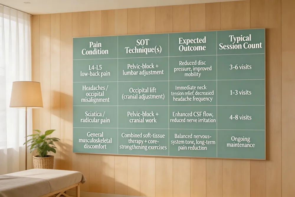 | Pain Condition | SOT Technique(s) | Expected Outcome | Typical Session Count | |----------------|------------------|------------------|-----------------------| | L4‑L5 low‑back pain | Pelvic‑block + lumbar adjustment | Reduced disc pressure, improved mobility | 3‑6 visits | | Headaches / occipital misalignment | Occipital lift (cranial adjustment) | Immediate neck tension relief, decreased headache frequency | 1‑3 visits | | Sciatica / radicular pain | Pelvic‑block + cranial work | Enhanced CSF flow, reduced nerve irritation | 4‑8 visits | | General musculoskeletal discomfort | Combined soft‑tissue therapy + core‑strengthening exercises | Balanced nervous‑system tone, long‑term pain reduction | Ongoing maintenance |
Each row summarizes a condition, the specific SOT approach, and the typical clinical outcome.