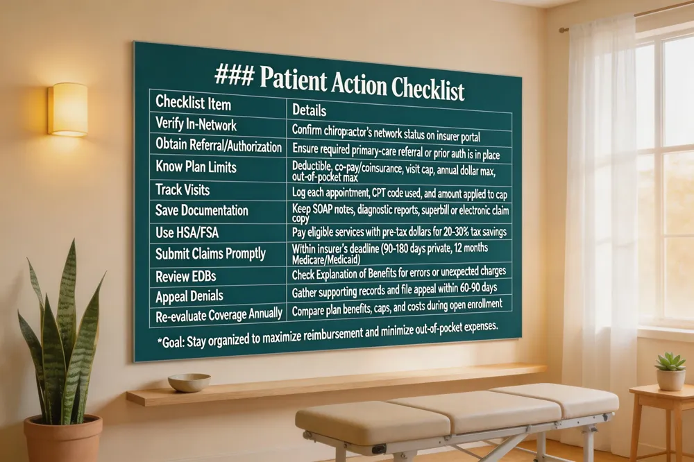### Patient Action Checklist
| Checklist Item | Details |
|---|---|
| Verify In‑Network | Confirm chiropractor’s network status on insurer portal |
| Obtain Referral/Authorization | Ensure any required primary‑care referral or prior auth is in place |
| Know Plan Limits | Deductible, co‑pay/coinsurance, visit cap, annual dollar max, out‑of‑pocket max |
| Track Visits | Log each appointment, CPT code used, and amount applied to cap |
| Save Documentation | Keep SOAP notes, diagnostic reports, superbill or electronic claim copy |
| Use HSA/FSA | Pay eligible services with pre‑tax dollars for 20‑30% tax savings |
| Submit Claims Promptly | Within insurer’s deadline (90‑180 days private, 12 months Medicare/Medicaid) |
| Review EOBs | Check Explanation of Benefits for errors or unexpected charges |
| Appeal Denials | Gather supporting records and file appeal within 60‑90 days |
| Re‑evaluate Coverage Annually | Compare plan benefits, caps, and costs during open enrollment |
Goal: Stay organized to maximize reimbursement and minimize out‑of‑pocket expenses.
