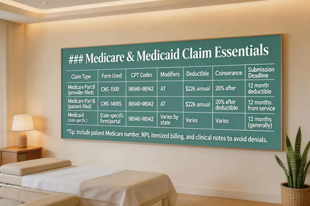 ### Medicare & Medicaid Claim Essentials
| Claim Type | Form Used | CPT Codes | Modifiers | Deductible | Coinsurance | Submission Deadline |
|---|---|---|---|---|---|---|
| Medicare Part B (provider‑filed) | CMS‑1500 | 98940‑98942 | AT (active treatment) | $226 annual | 20% after deductible | 12 months from service |
| Medicare Part B (patient‑filed) | CMS‑1490S | 98940‑98942 | AT | $226 annual | 20% after deductible | 12 months from service |
| Medicaid (state‑specific) | State‑specific claim form or electronic portal | 98940‑98942 | Varies by state | Varies | Varies | 12 months (generally) |
Tip: Include patient Medicare number, NPI, itemized billing, and clinical notes to avoid denials.